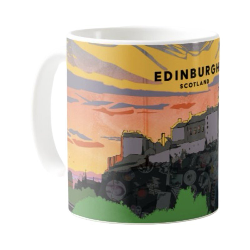 This mug features a striking panoramic artwork of Edinburgh Castle in the heart of the city