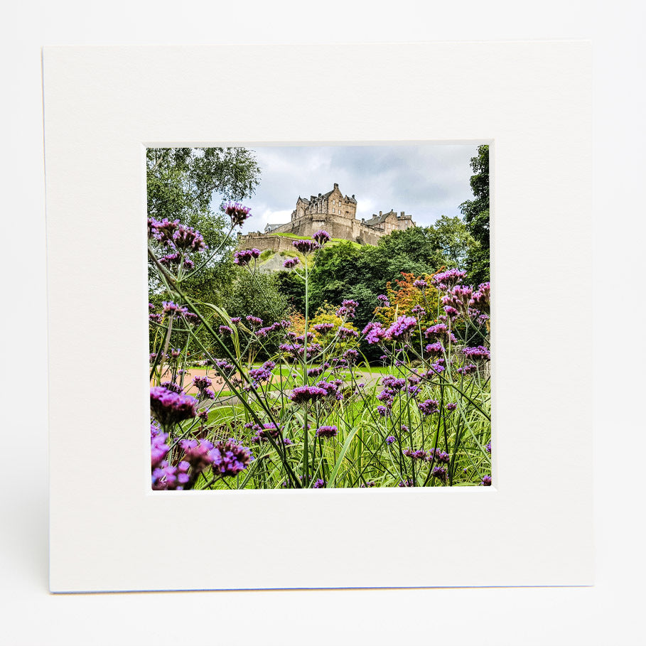 An image of Edinburgh Castle with verbena flowers in the foreground in a square mount.