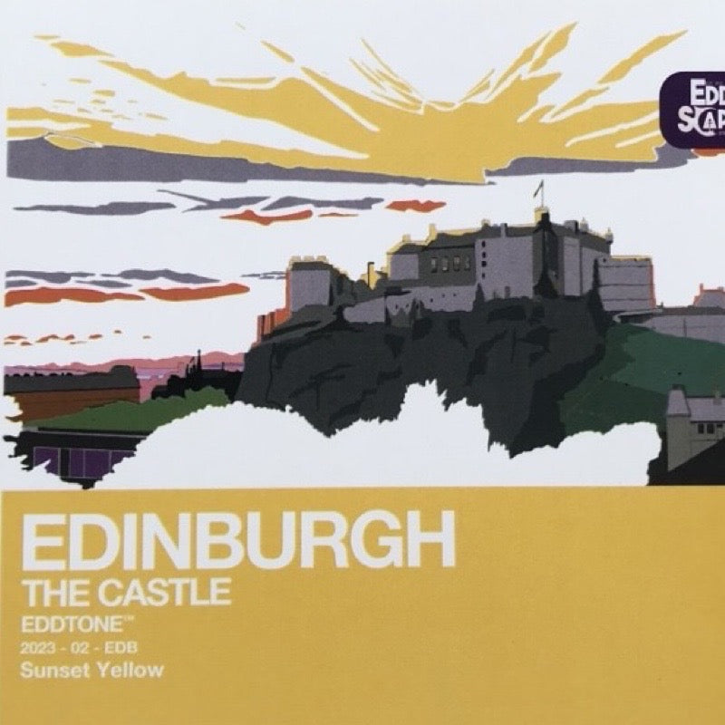 Illustration of Edinburgh Castle with colorful sky and 'Edinburgh The Castle' text on a yellow background.