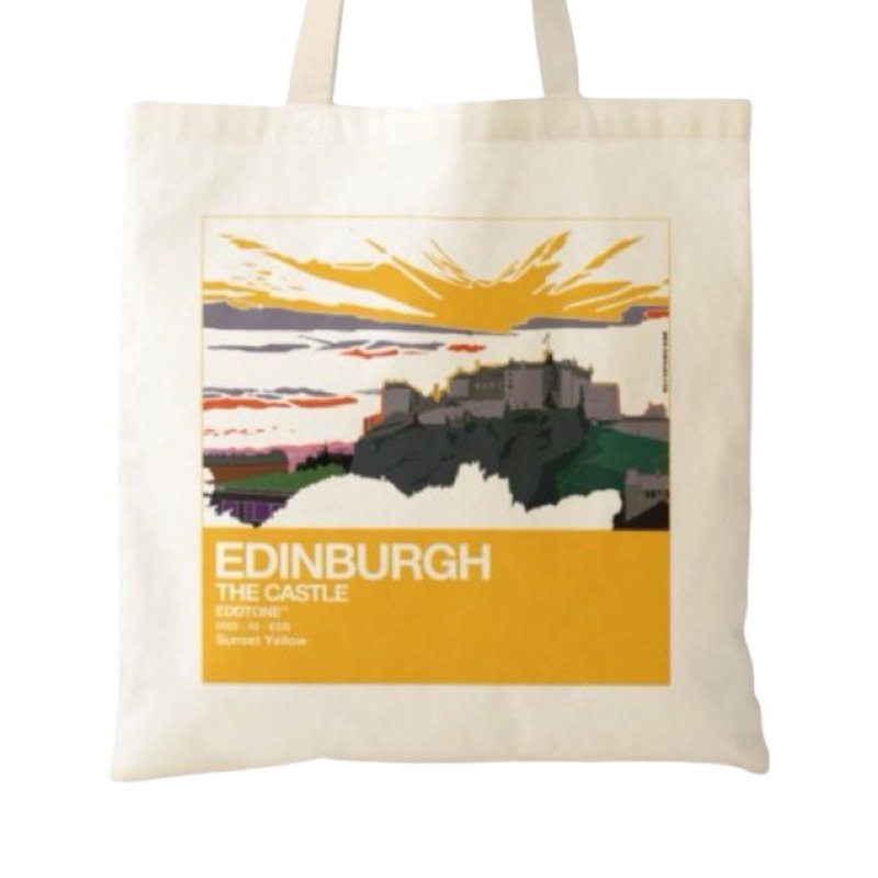 This tote bag features a square design of an illustration of Edinburgh Castle.