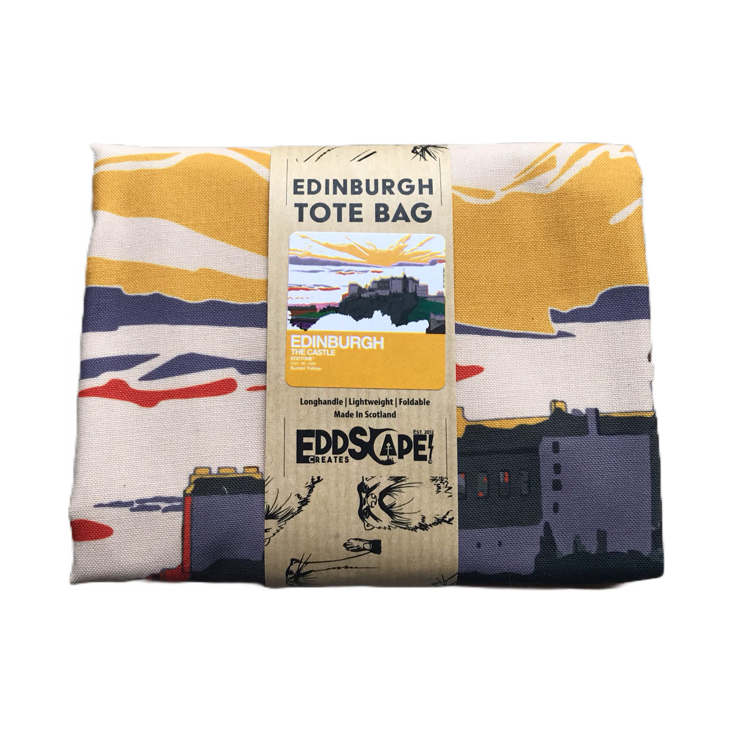 This tote bag features a square design of an illustration of Edinburgh Castle.