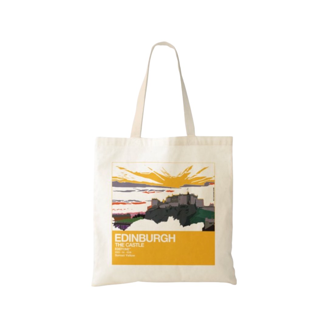 This tote bag features a square design of an illustration of Edinburgh Castle