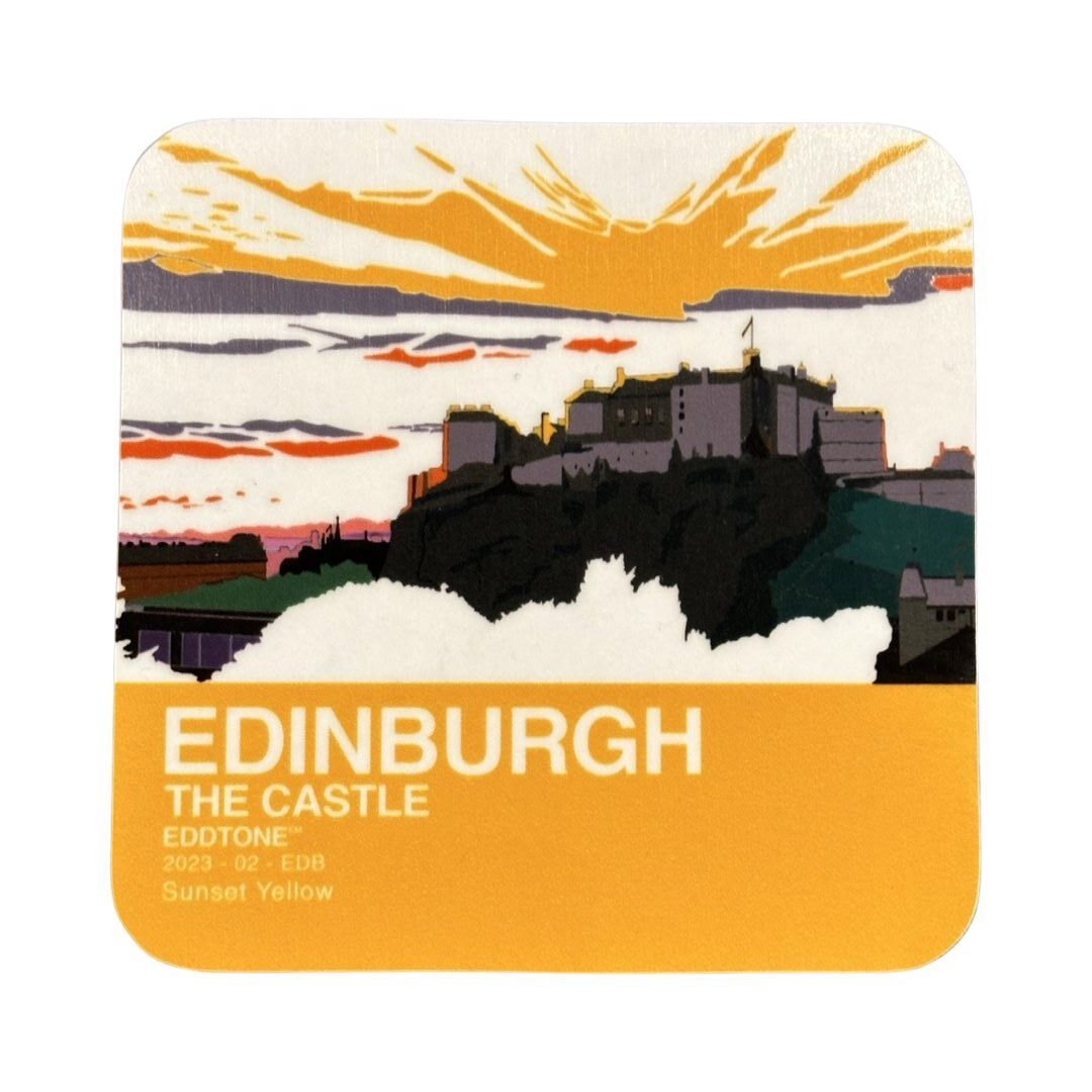 Coaster featuring an illustration of Edinburgh Castle at sunset