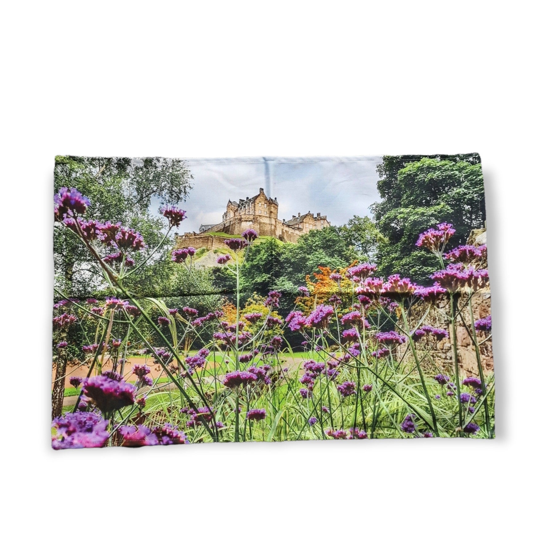 An image of Edinburgh Castle and purple Verbena flowers on a tea towel.