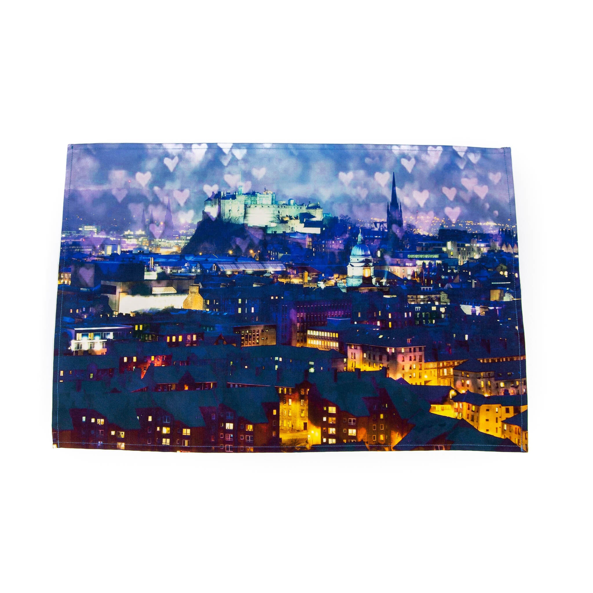 An image of Edinburgh Castle and a sky of love hearts on a tea towel.