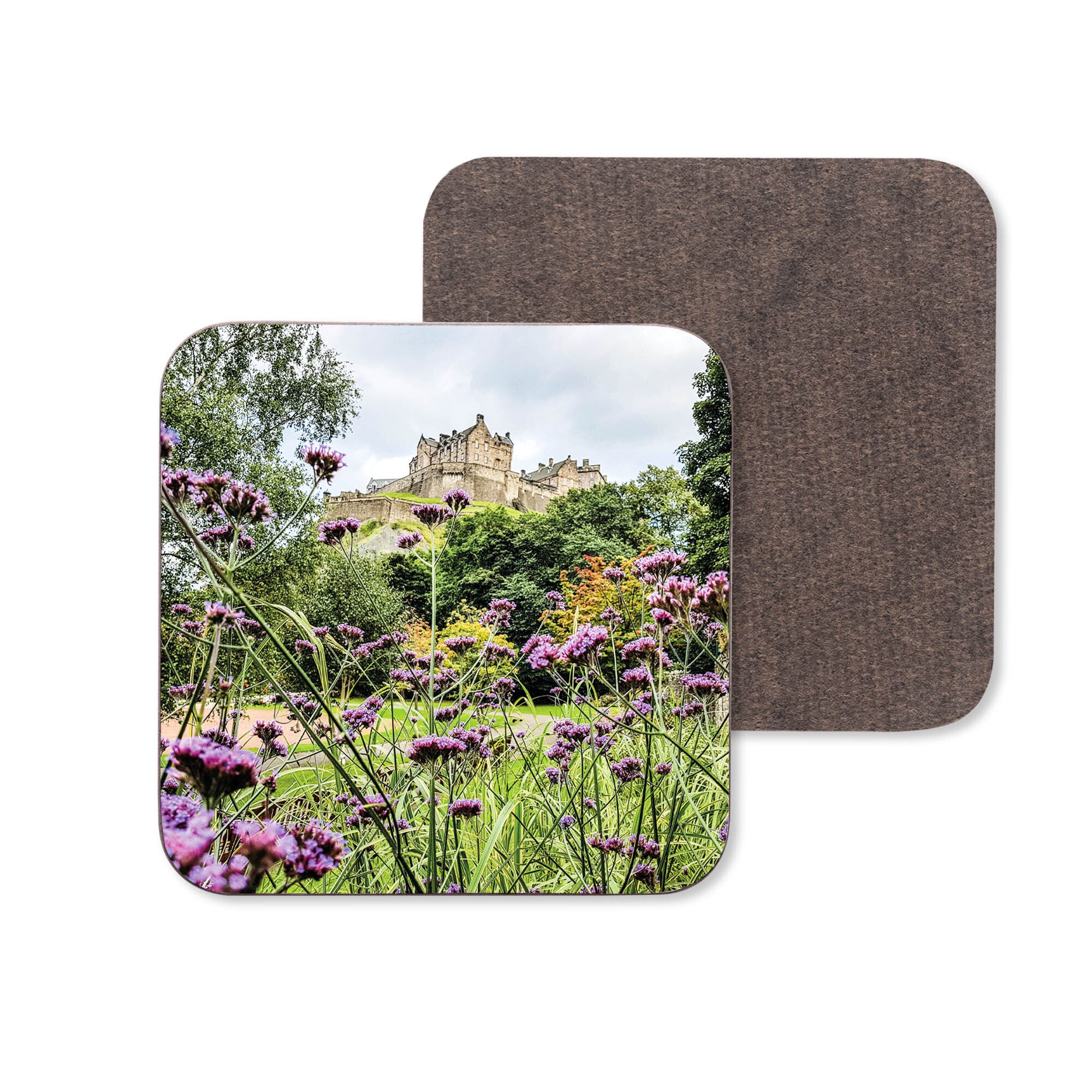 An image of Edinburgh Castle with verbena flowers in the foreground on a coaster.