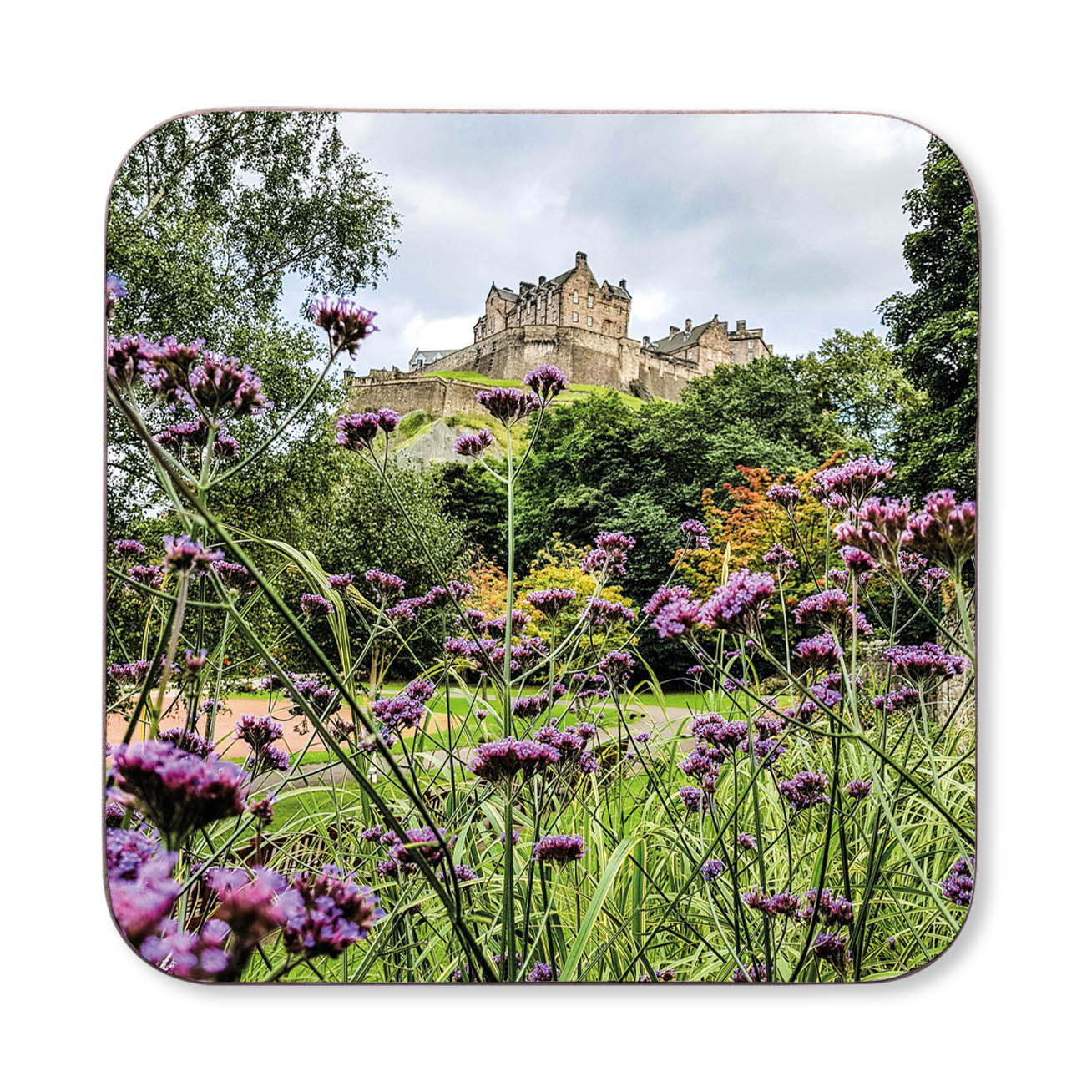 Coaster with a scenic view of Edinburgh Castle through purple flowers