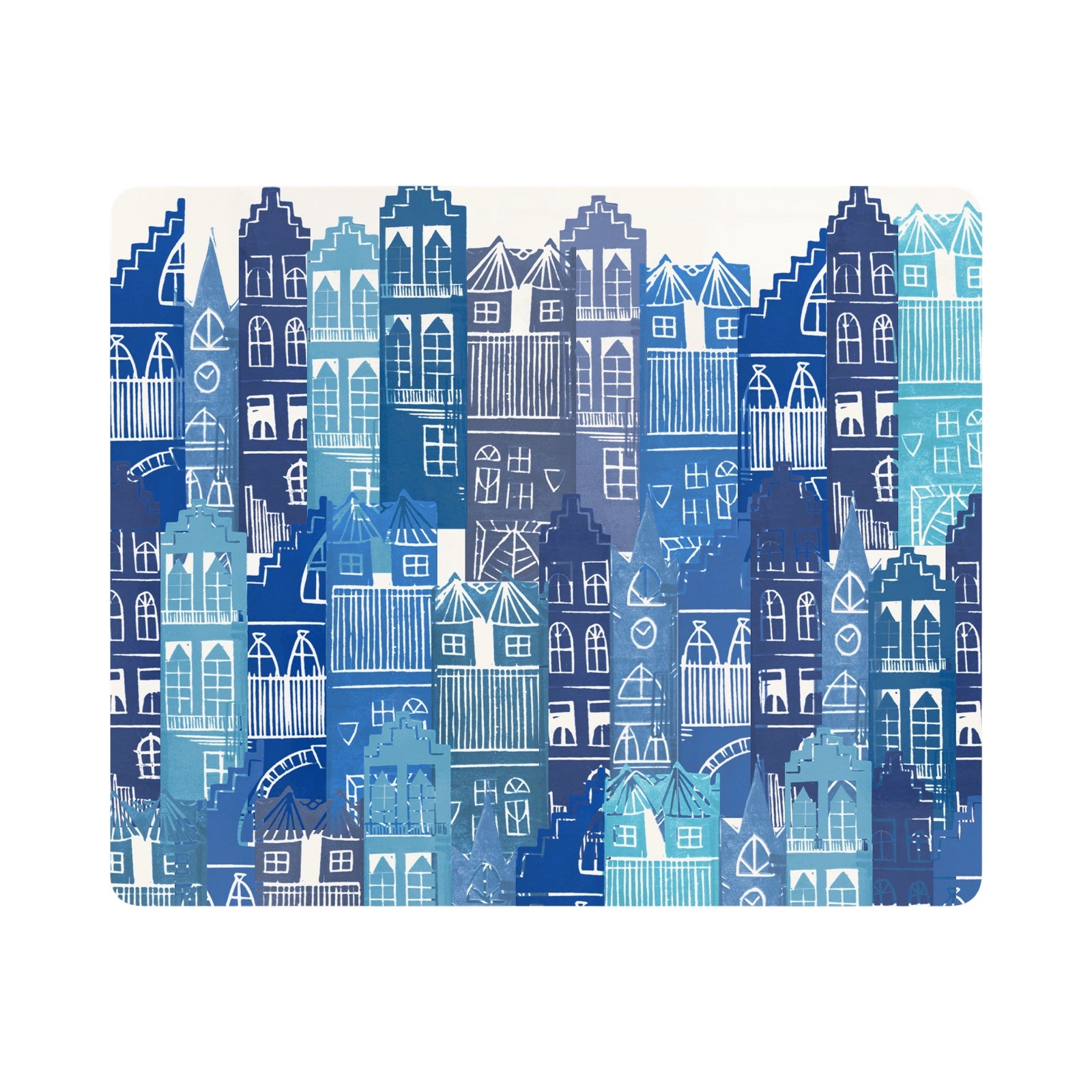 A rectangular placemat featuring a design of Edinburgh's cityscape of tenements in shades of blue.