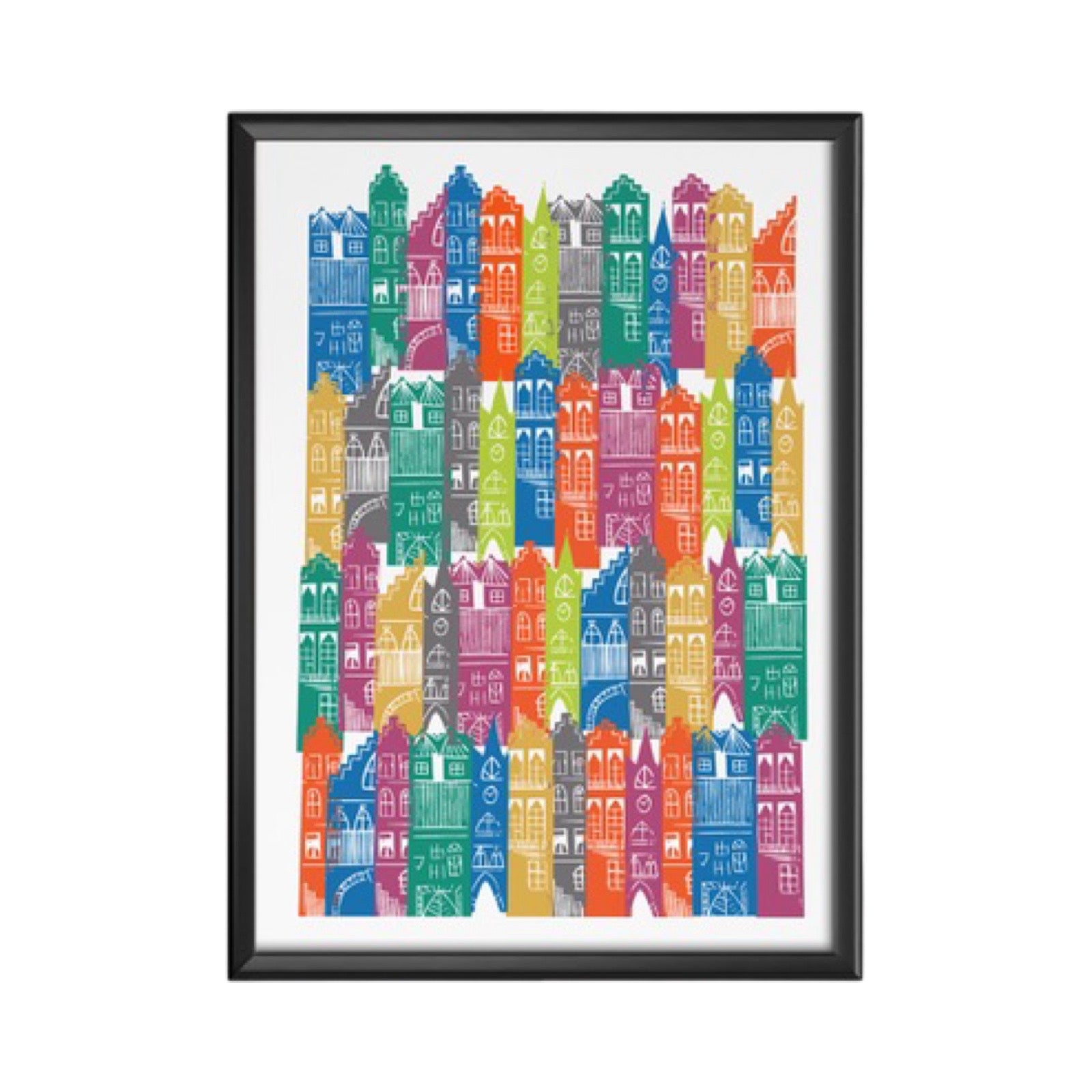 A print featuring an illustration of Edinburgh's cityscape of tenements in a rainbow of colours.