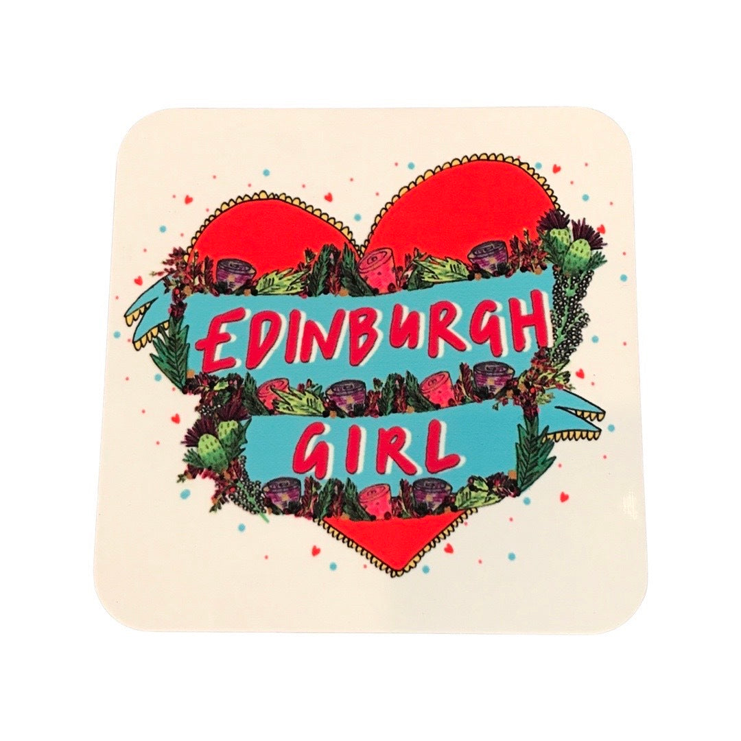 Edinburgh girl coaster featuring the text 'Edinburgh Girl' written inside a blue banner surrounded by flowers inside a large red love heart.