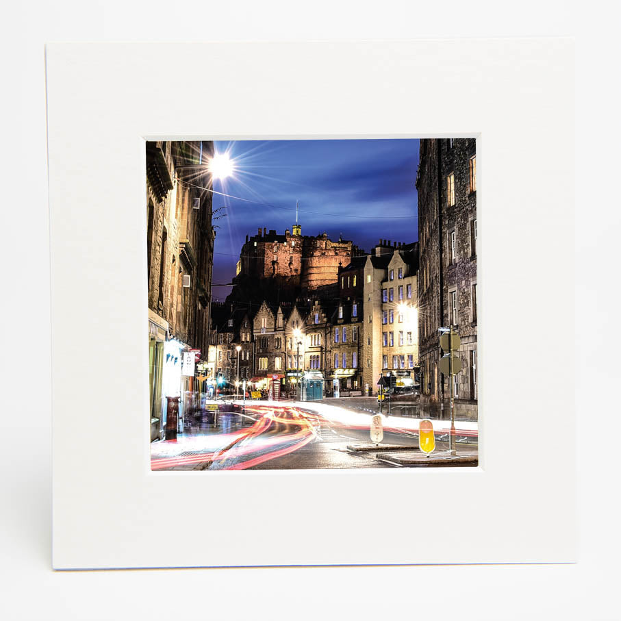 An image of Edinburgh Castle from Grassmarket in a square mount.