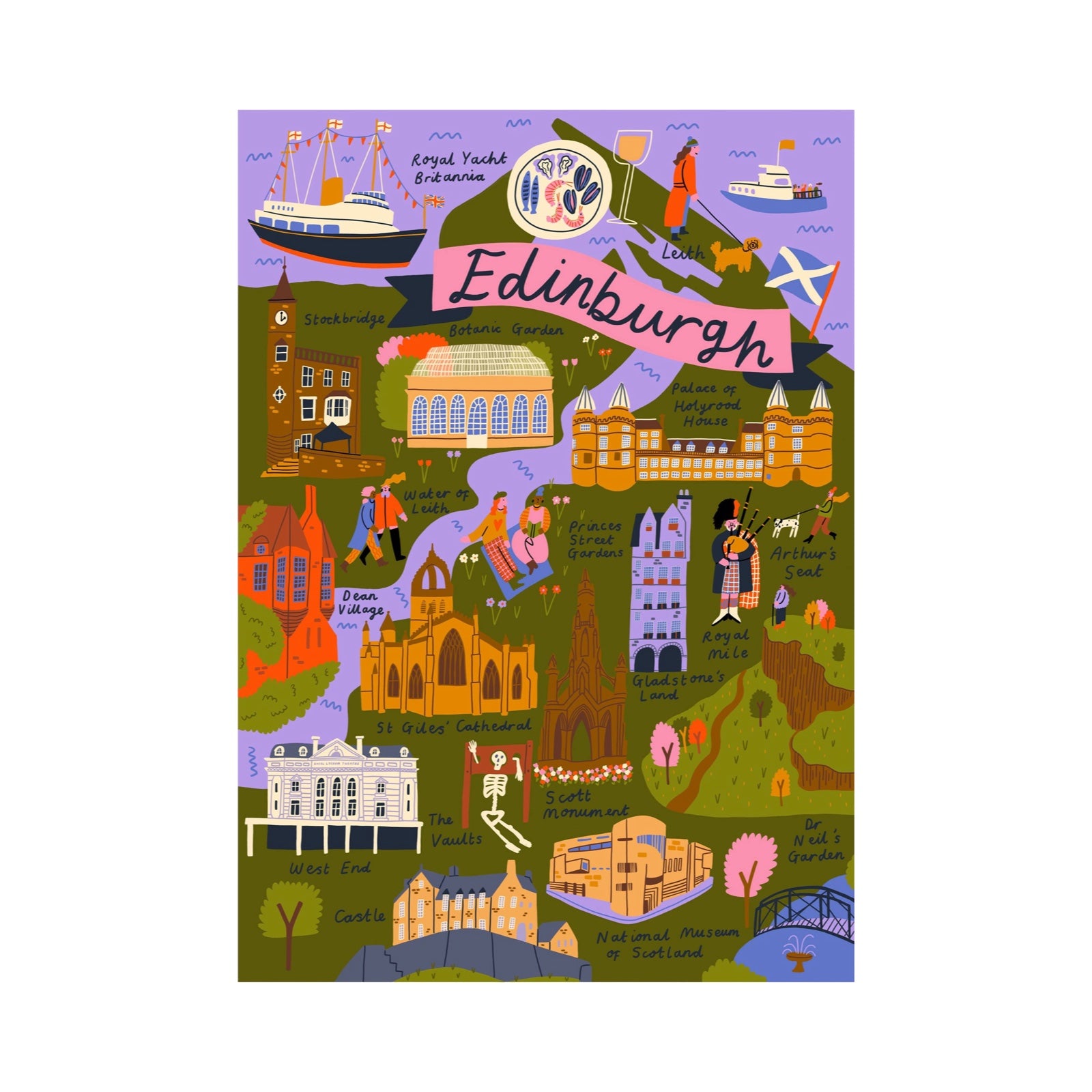 An illustrated Edinburgh travel poster with colourful cartoon landmarks, people, boats, and text labels on a purple and olive background.