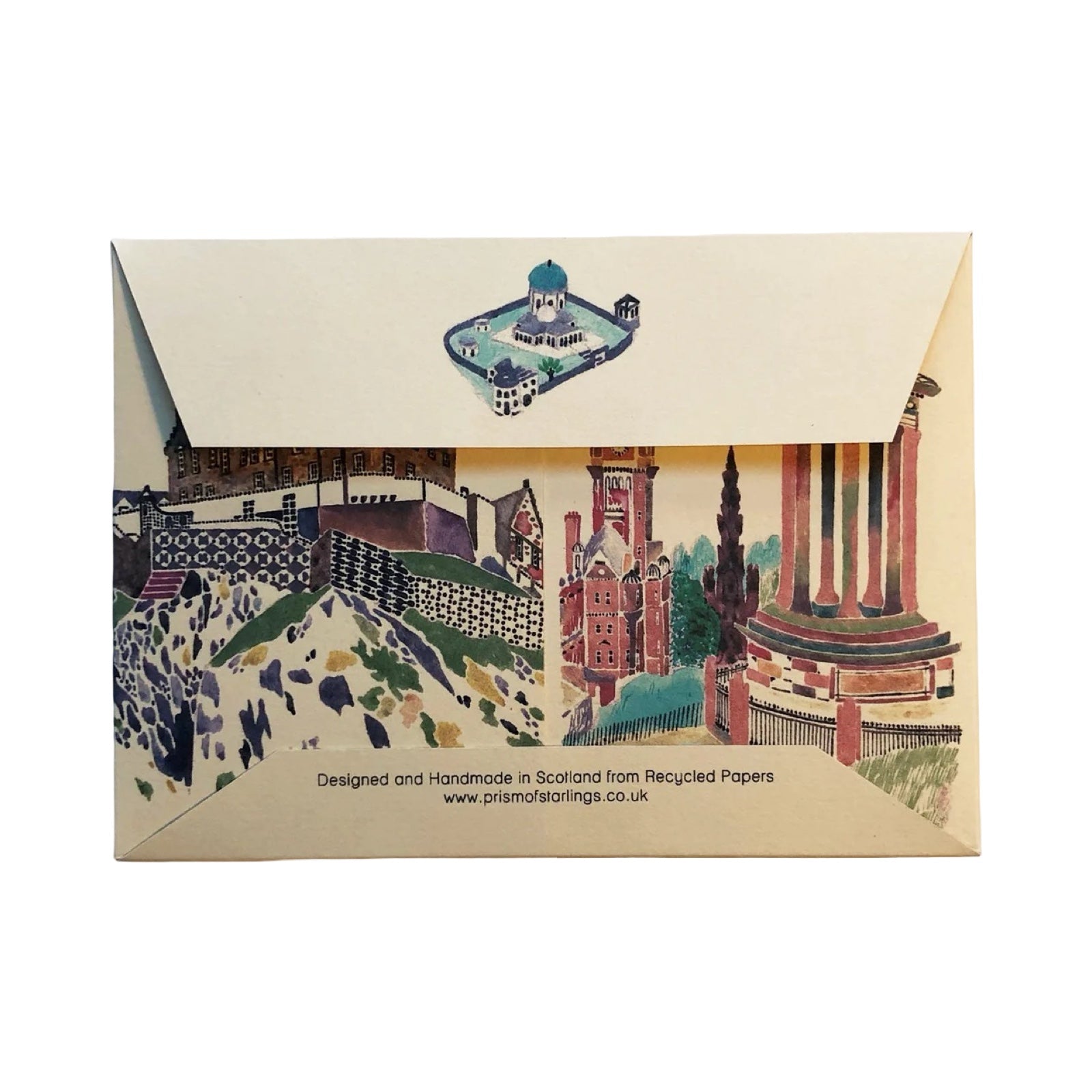 Envelopes with artistic designs and text on a white background.