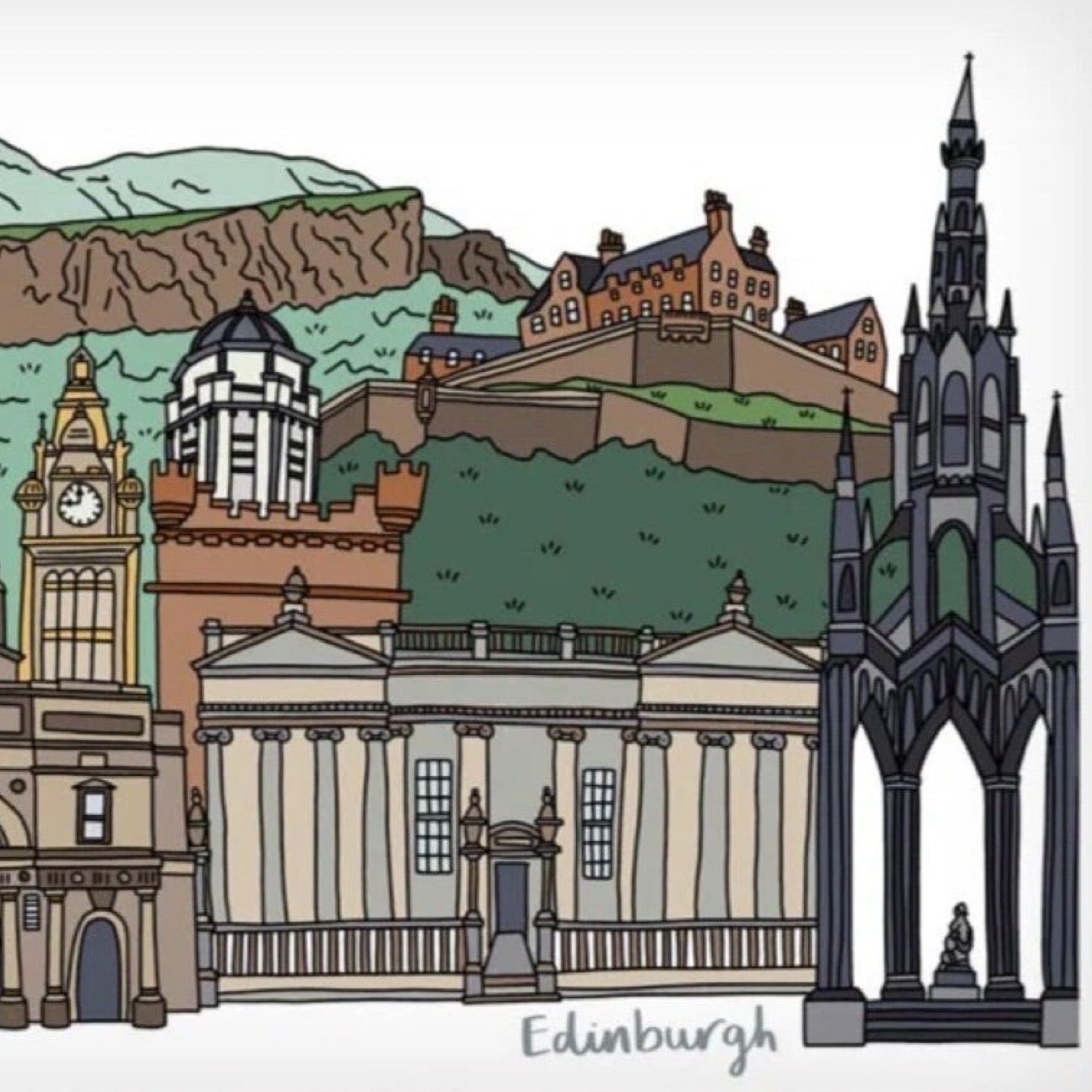 Card featuring some of Edinburgh's most famous landmarks, including Arthur's Seat, Edinburgh Castle and the Scott Monument.