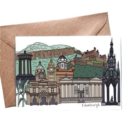 Card featuring some of Edinburgh's most famous landmarks, including Arthur's Seat, Edinburgh Castle and the Scott Monument