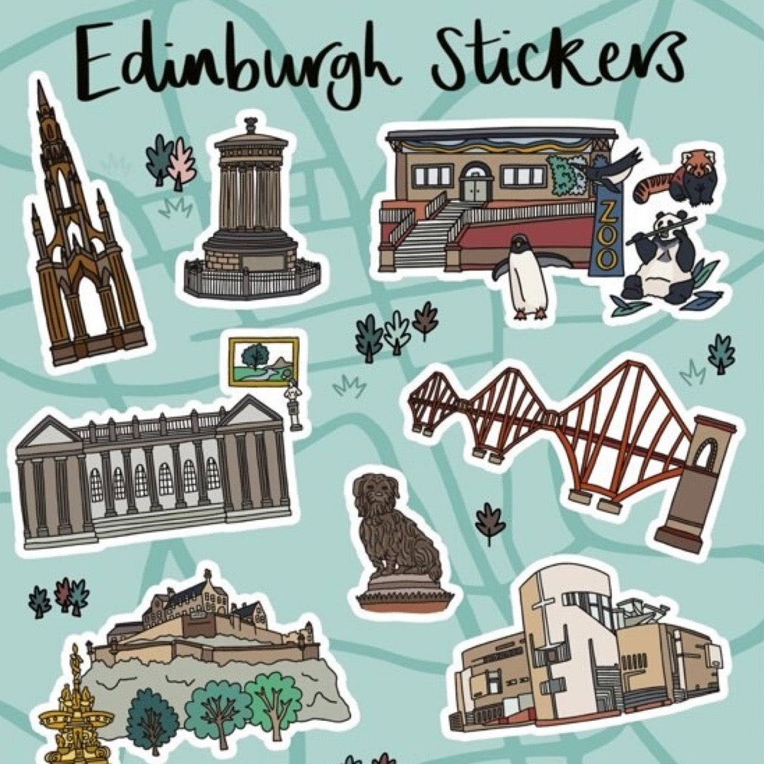 This sticker sheet comes with 10 stickers of Edinburgh landmarks including The Scott Monument, Greyfriars Bobby and Edinburgh Castle.