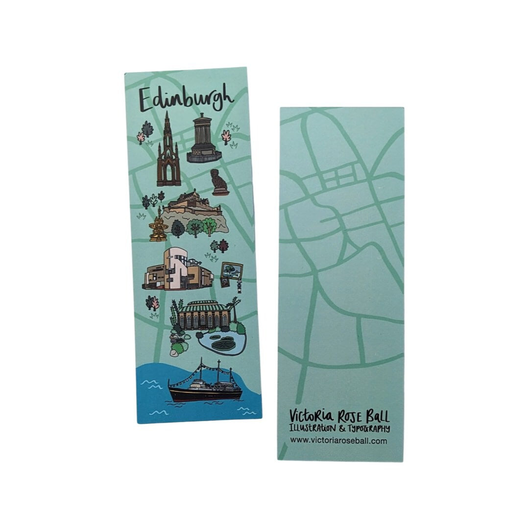 A map-themed bookmark featuring illustrations of Edinburgh's landmarks and a green background, with a website address at the bottom.