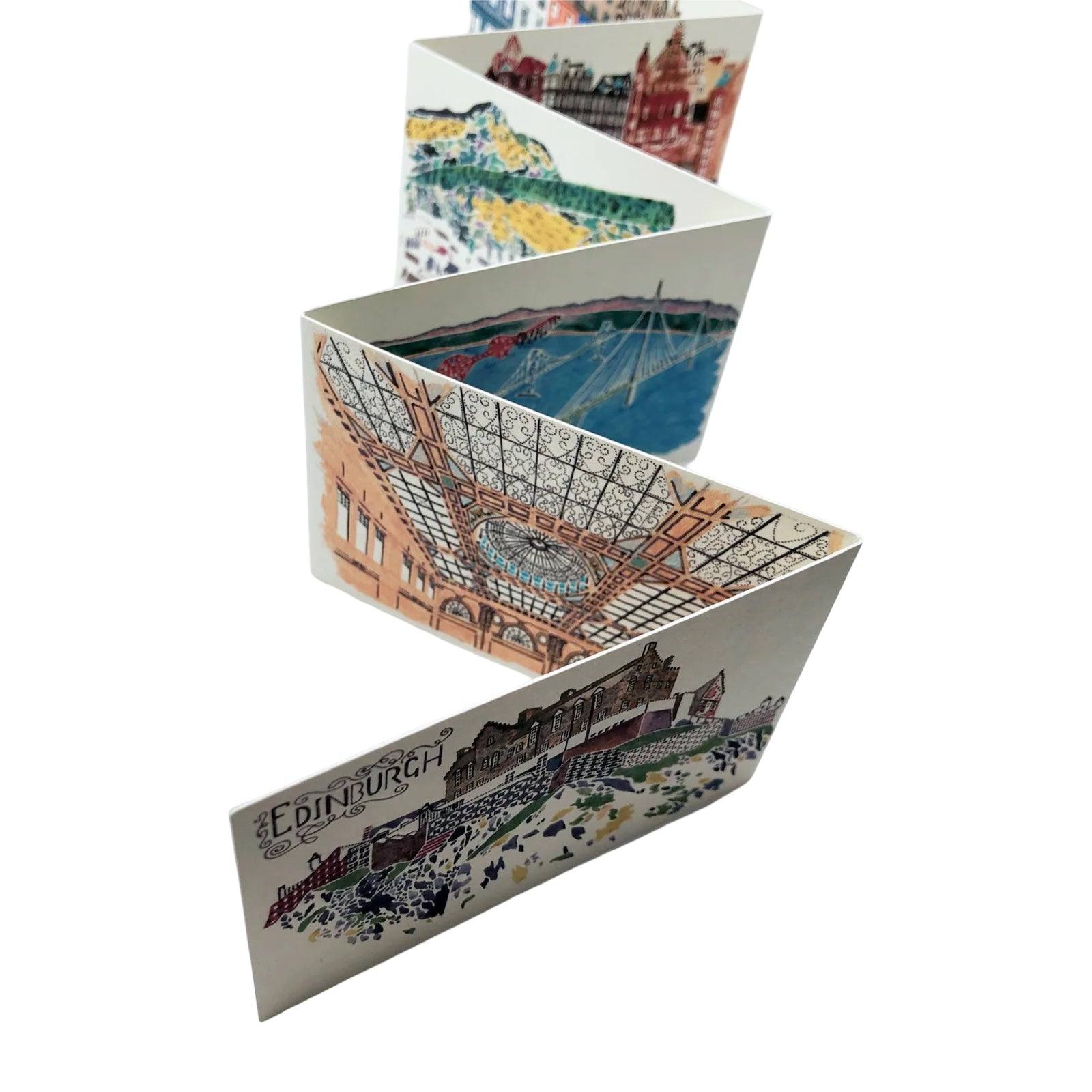 Set of four folded postcards with scenic illustrations on a white background.
