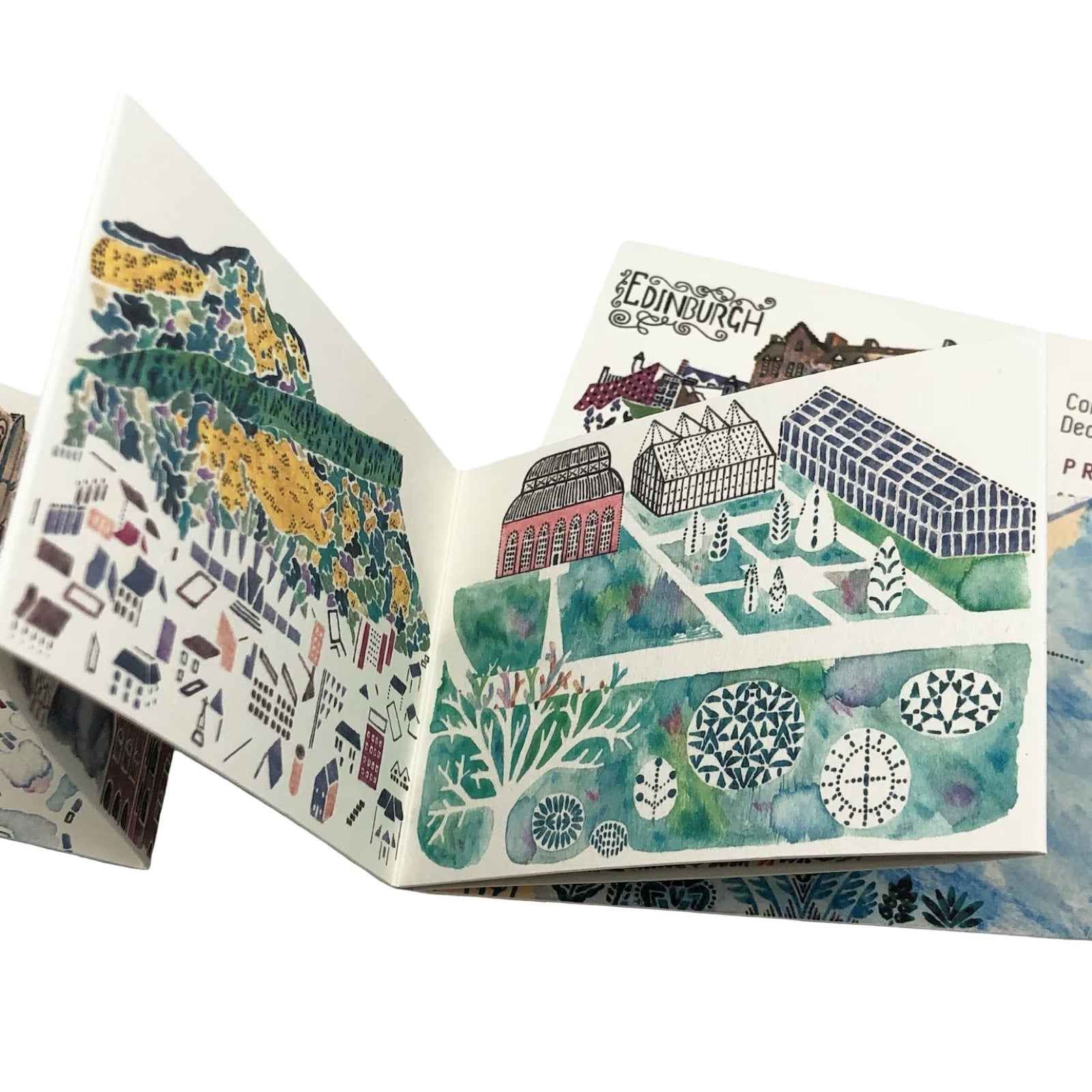 Illustrated map of Edinburgh with various landmarks and buildings.