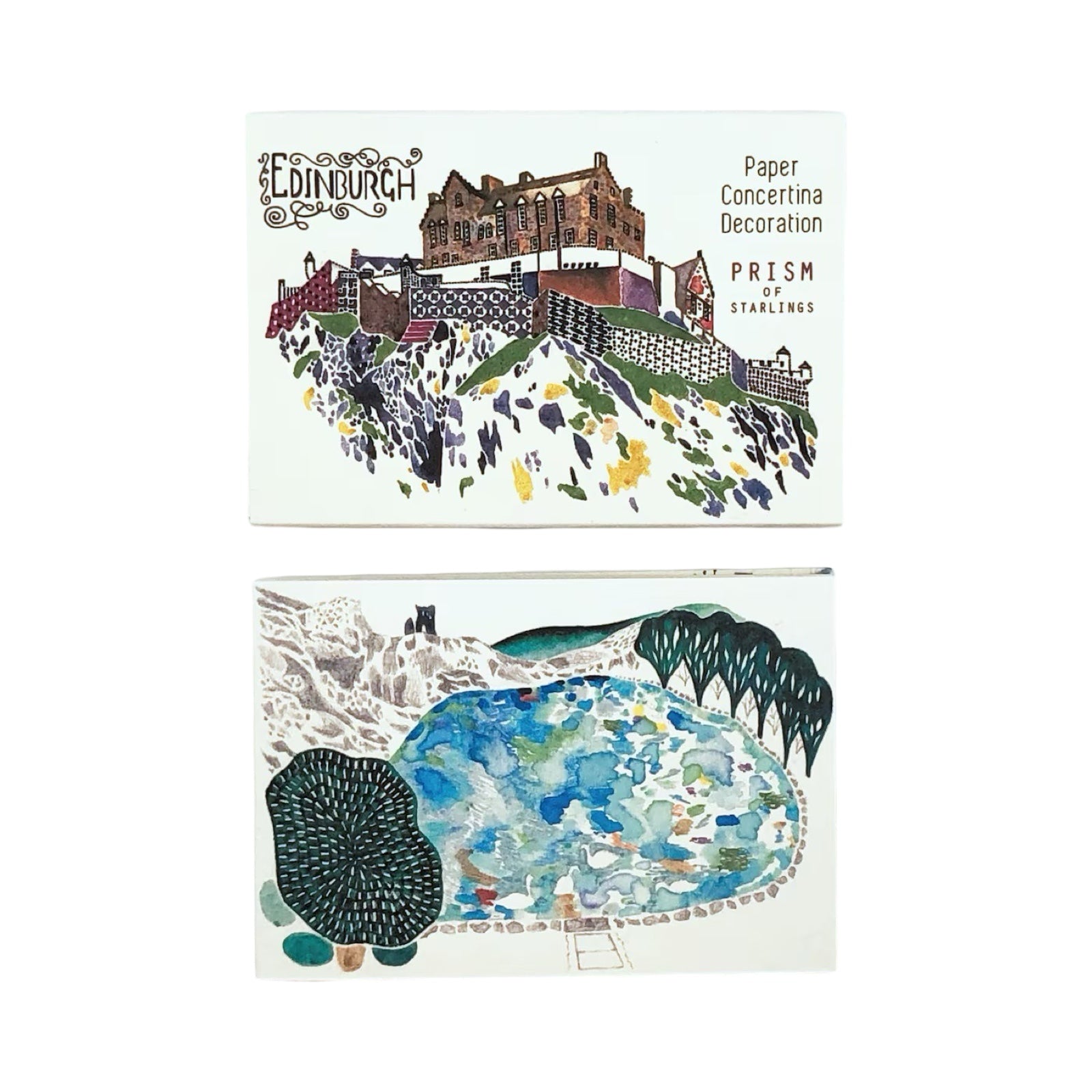 Two paper concertina decorations with illustrations of Edinburgh and Stirling.