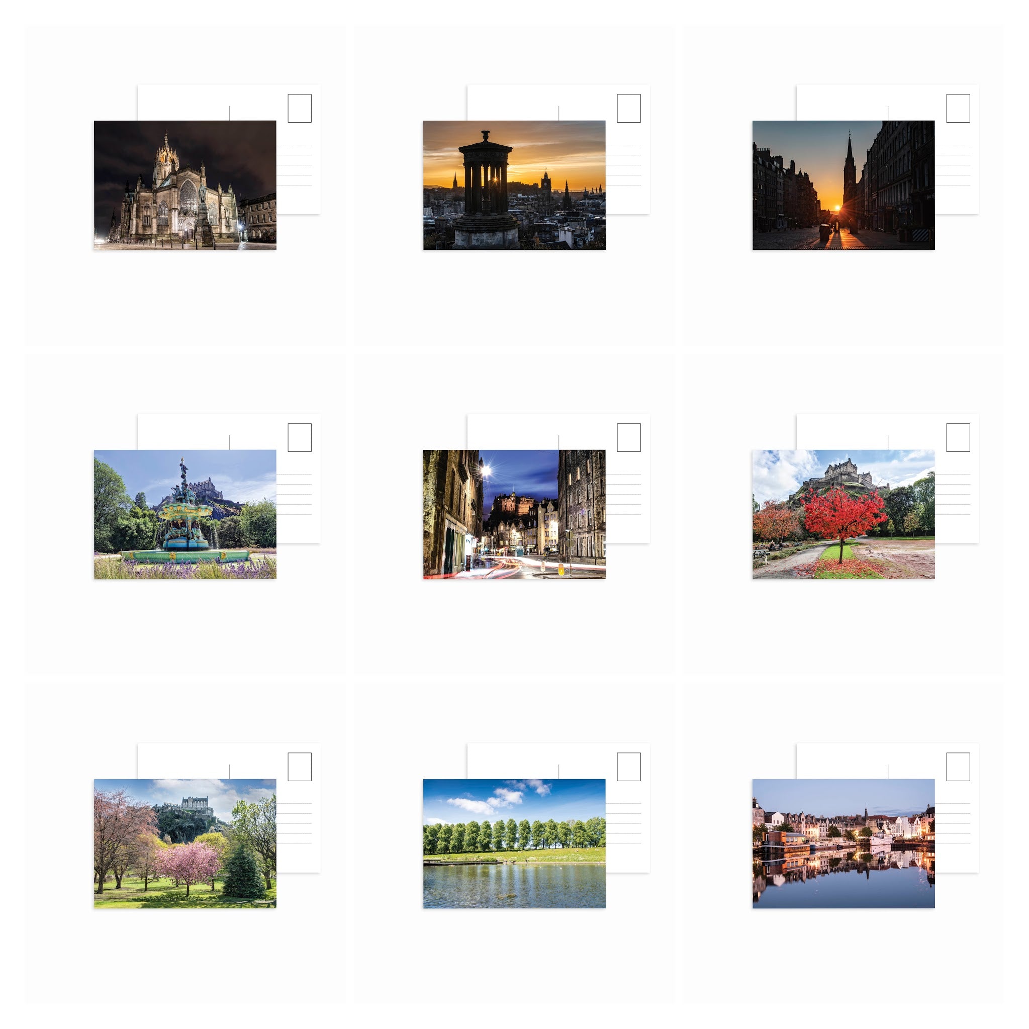 A collage of nine postcards featuring landmarks and scenes of Edinburgh, Scotland