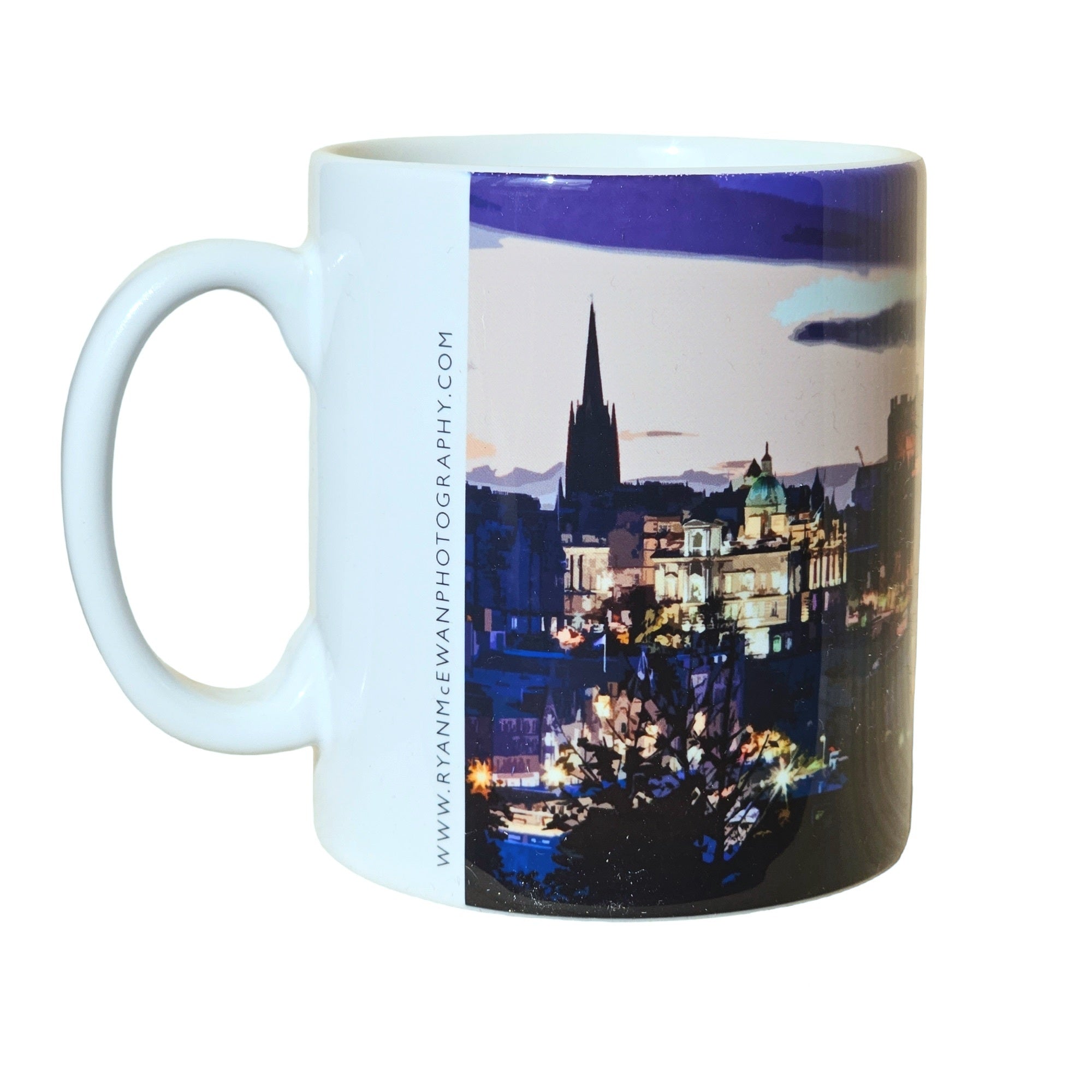 An image of a mug featuring a picture or the Edinburgh Skyline.
