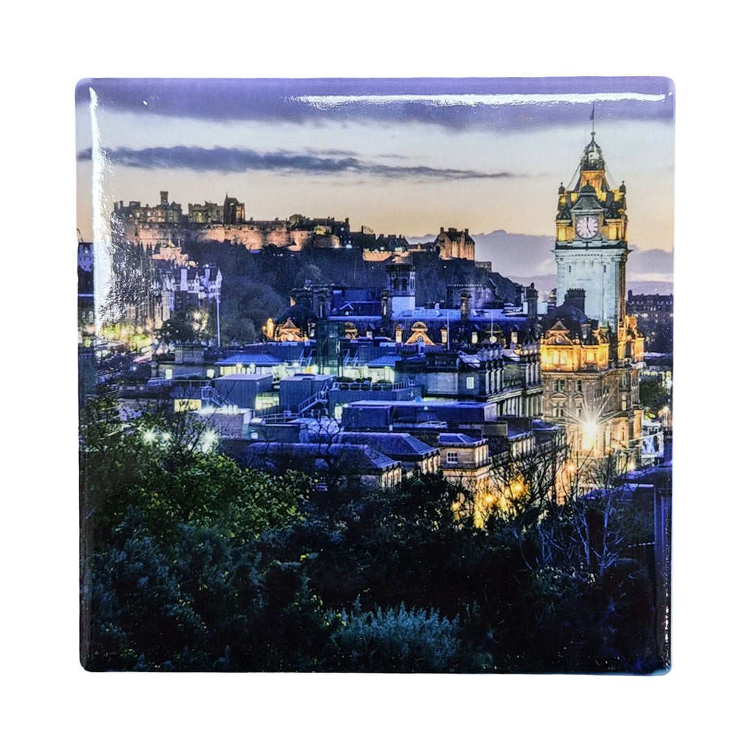 Edinburgh skyline at night on a ceramic coaster.