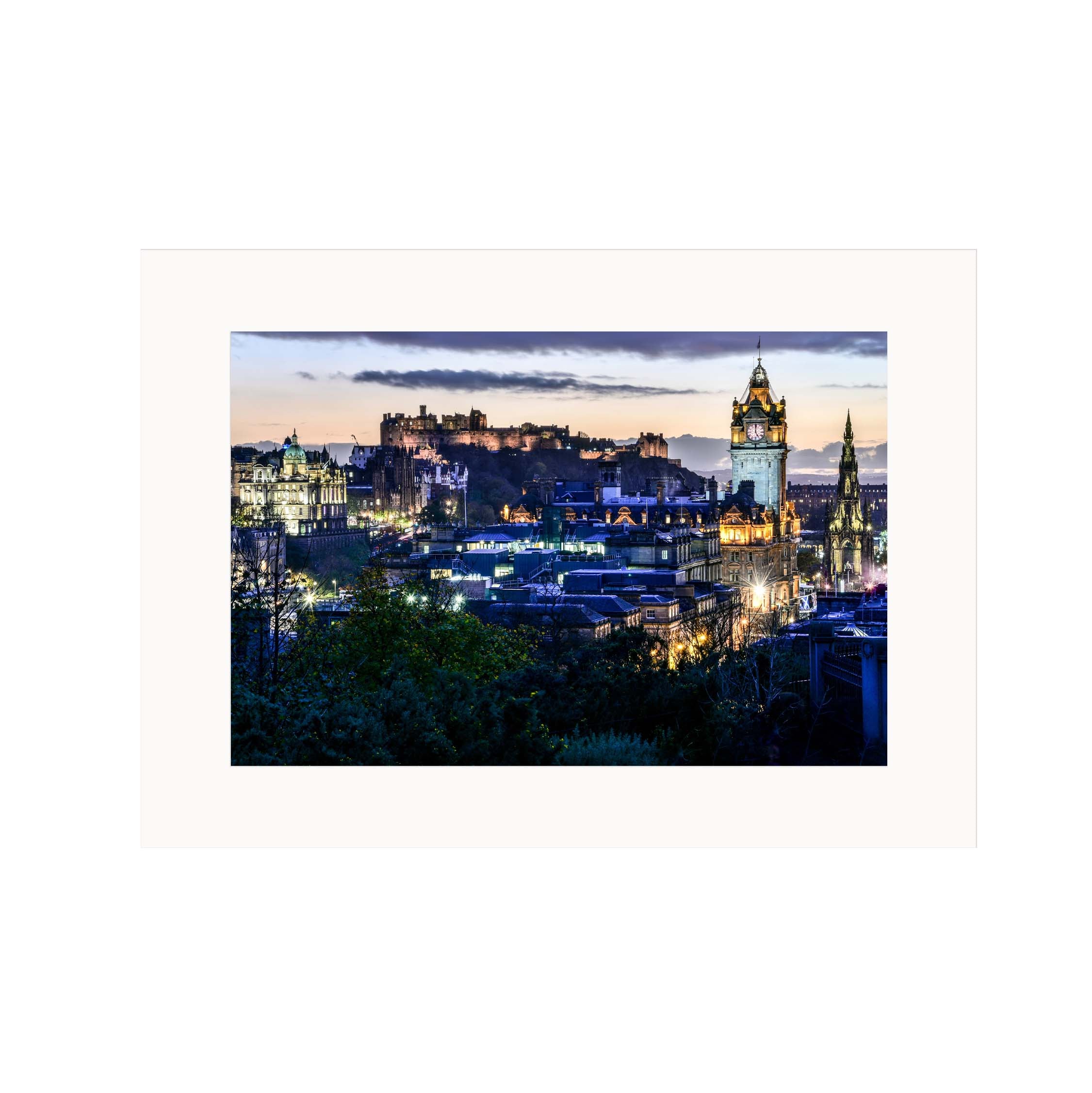 A picture of the Edinburgh skyline from Calton Hill in a mount.