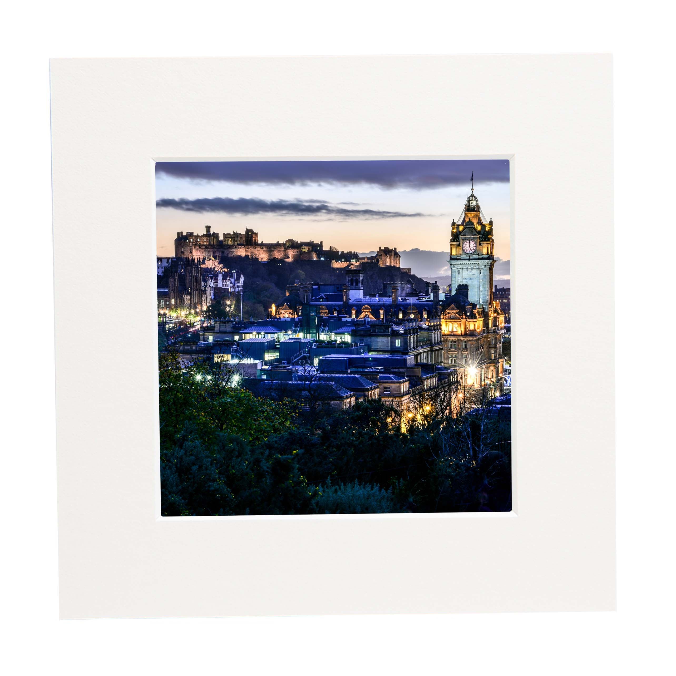 A picture of the Edinburgh skyline from Calton Hill in a square mount.