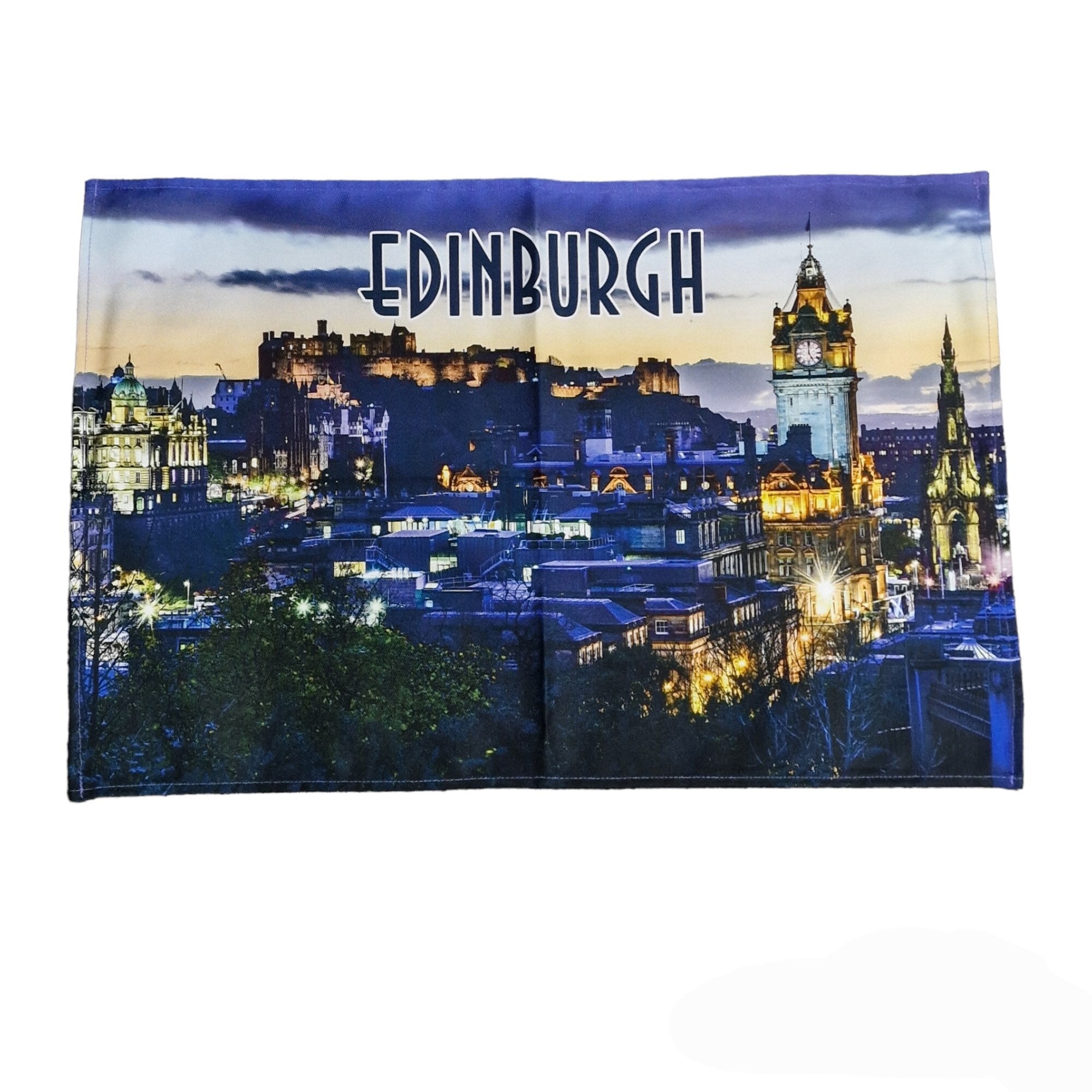 An image of the Edinburgh skyline on a tea towel.