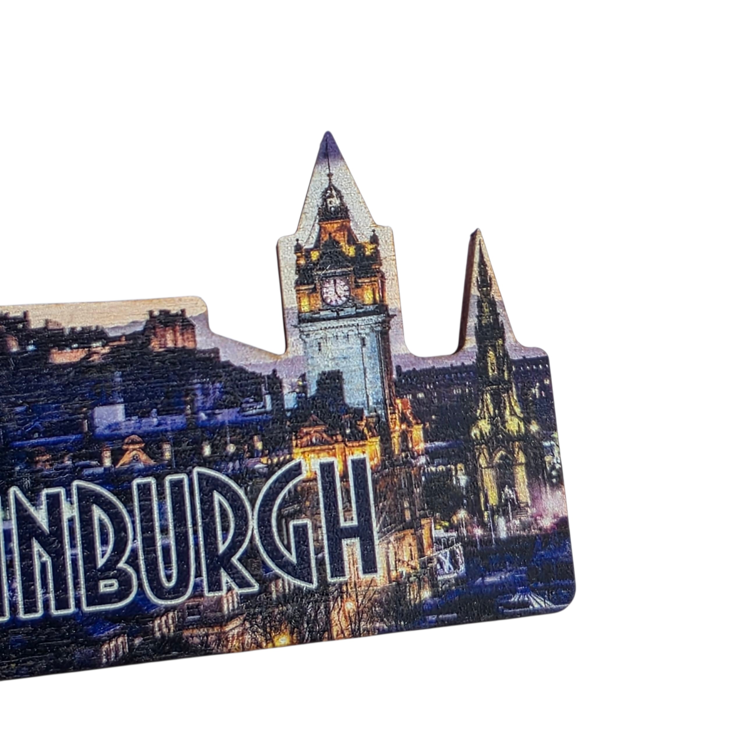 Fridge magnet with Edinburgh skyline design on a white background
