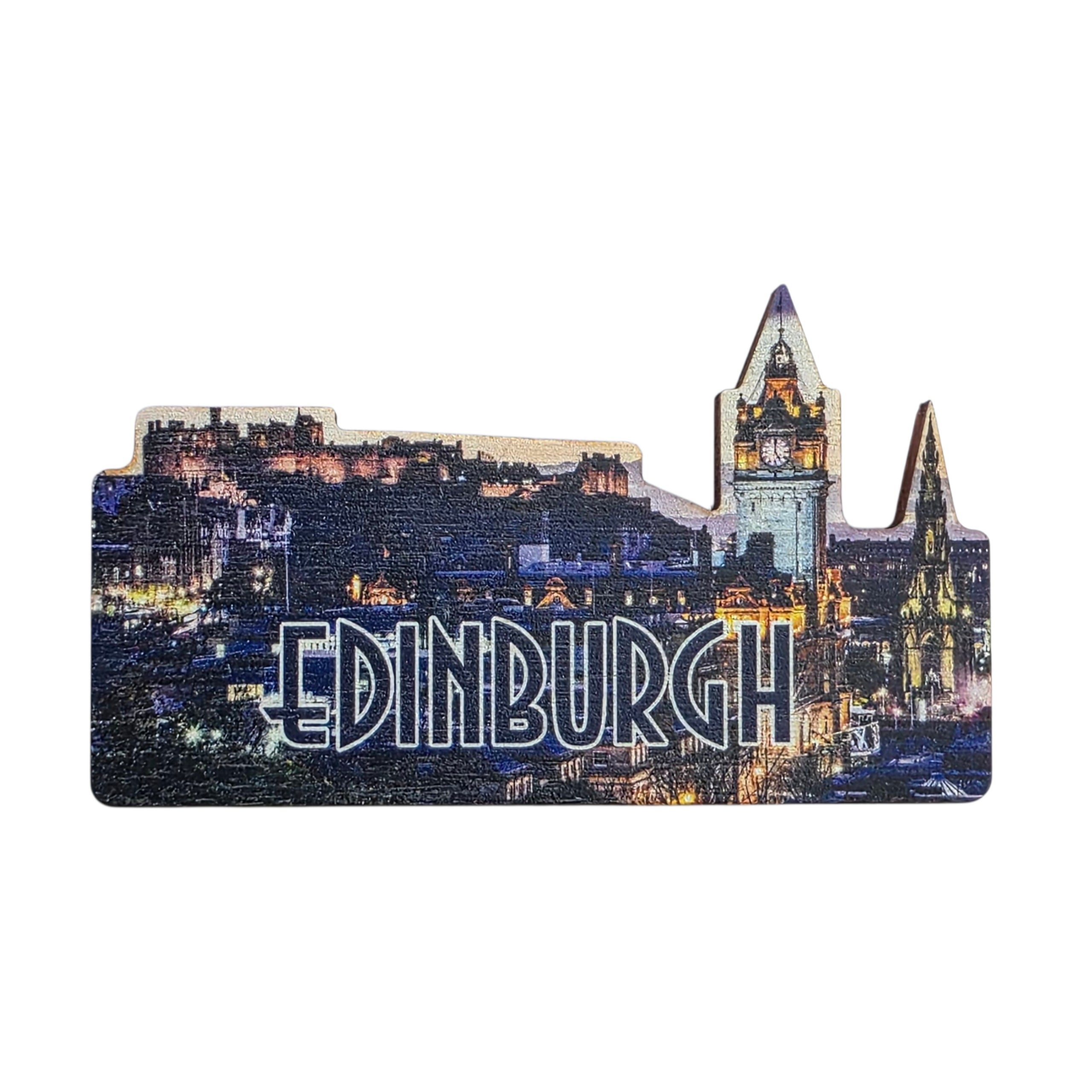 Fridge magnet with Edinburgh skyline design on a white background