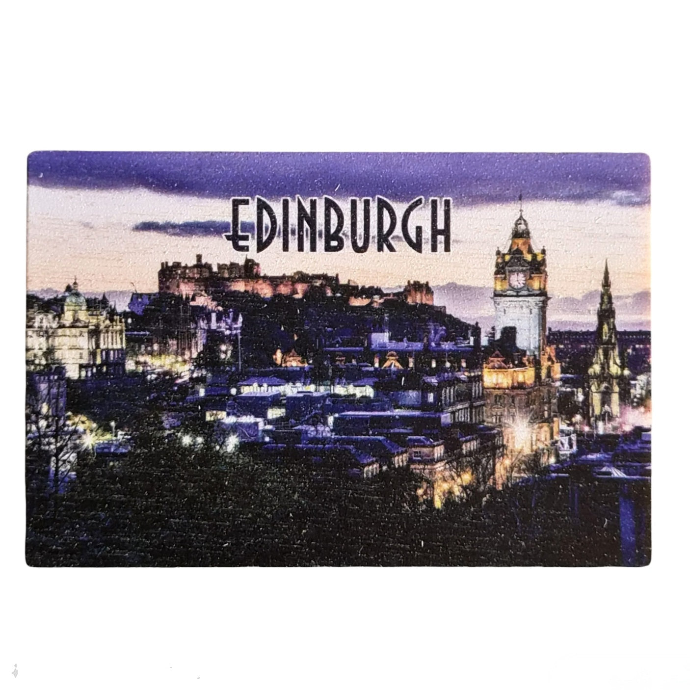 A rectangular printed wooden magnet featuring a scenic Edinburgh cityscape at dusk, with the word "EDINBURGH" across the top, shown on a plain white background.
