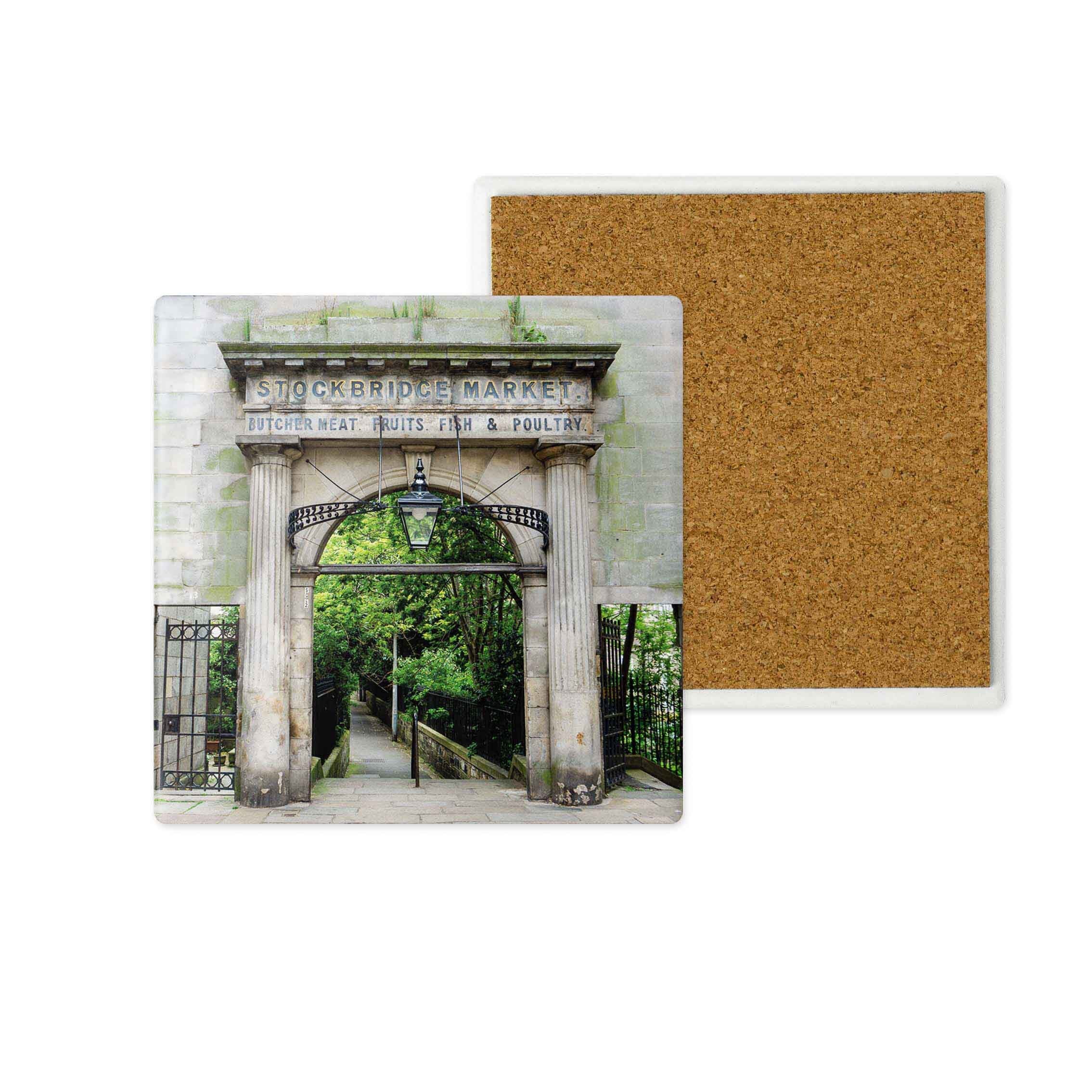 An image of Edinburgh Stockbridge market arch on a ceramic coaster.