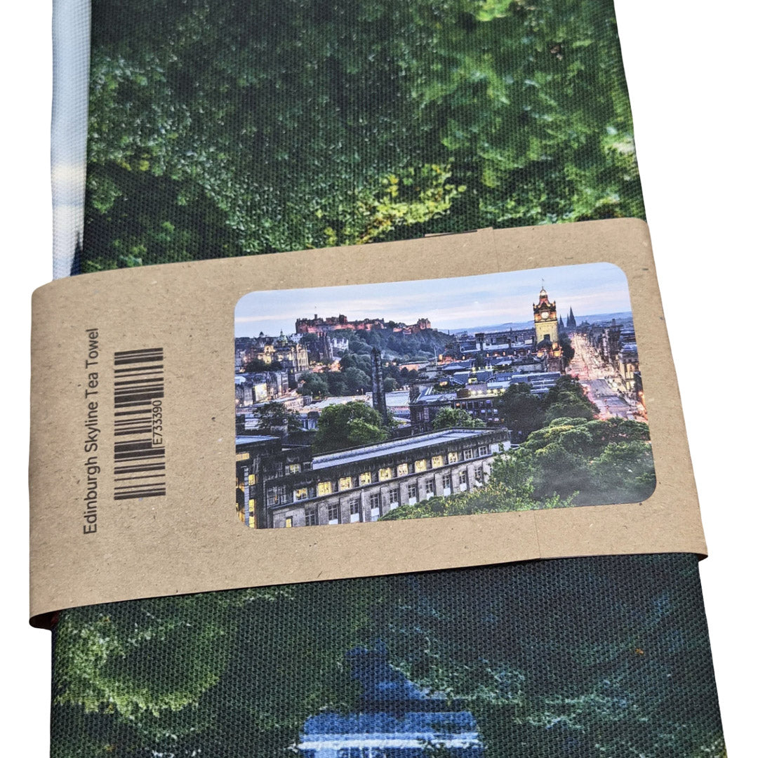 Tea towel with Edinburgh skyline design and label on a white background