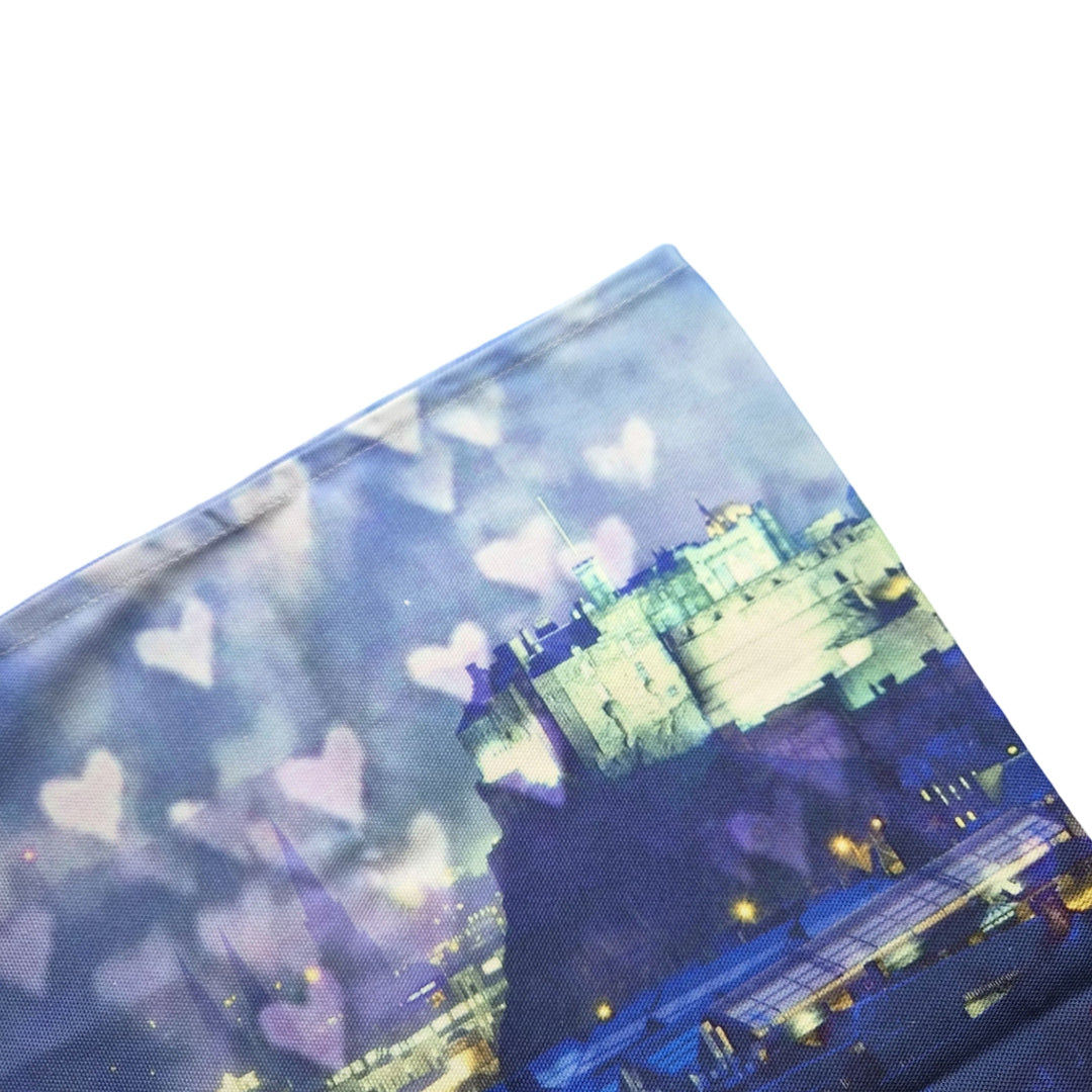 A close up of a tea towel with Edinburgh Castle on it.