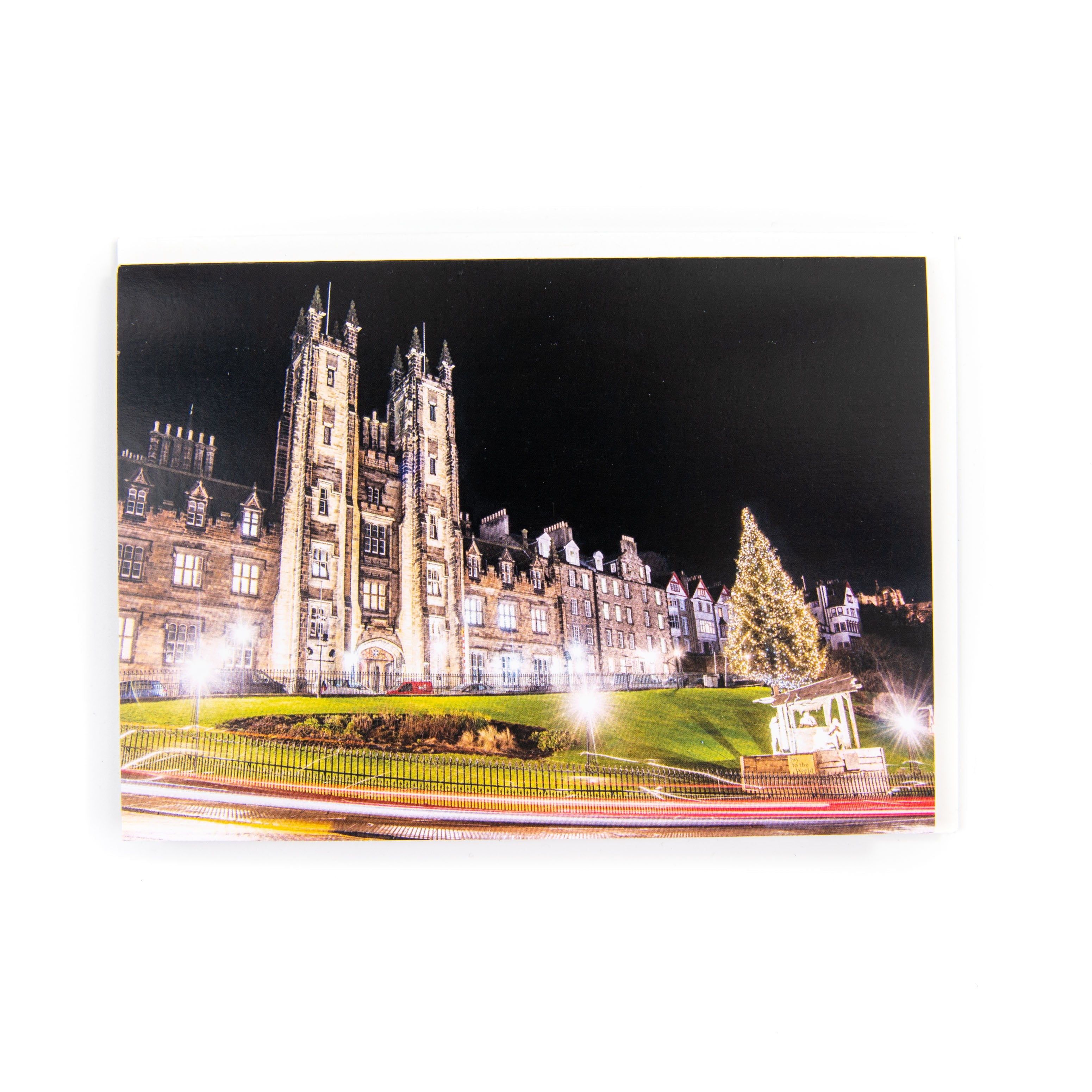 A picture of the Mound Christmas Tree, Edinburgh on a card.