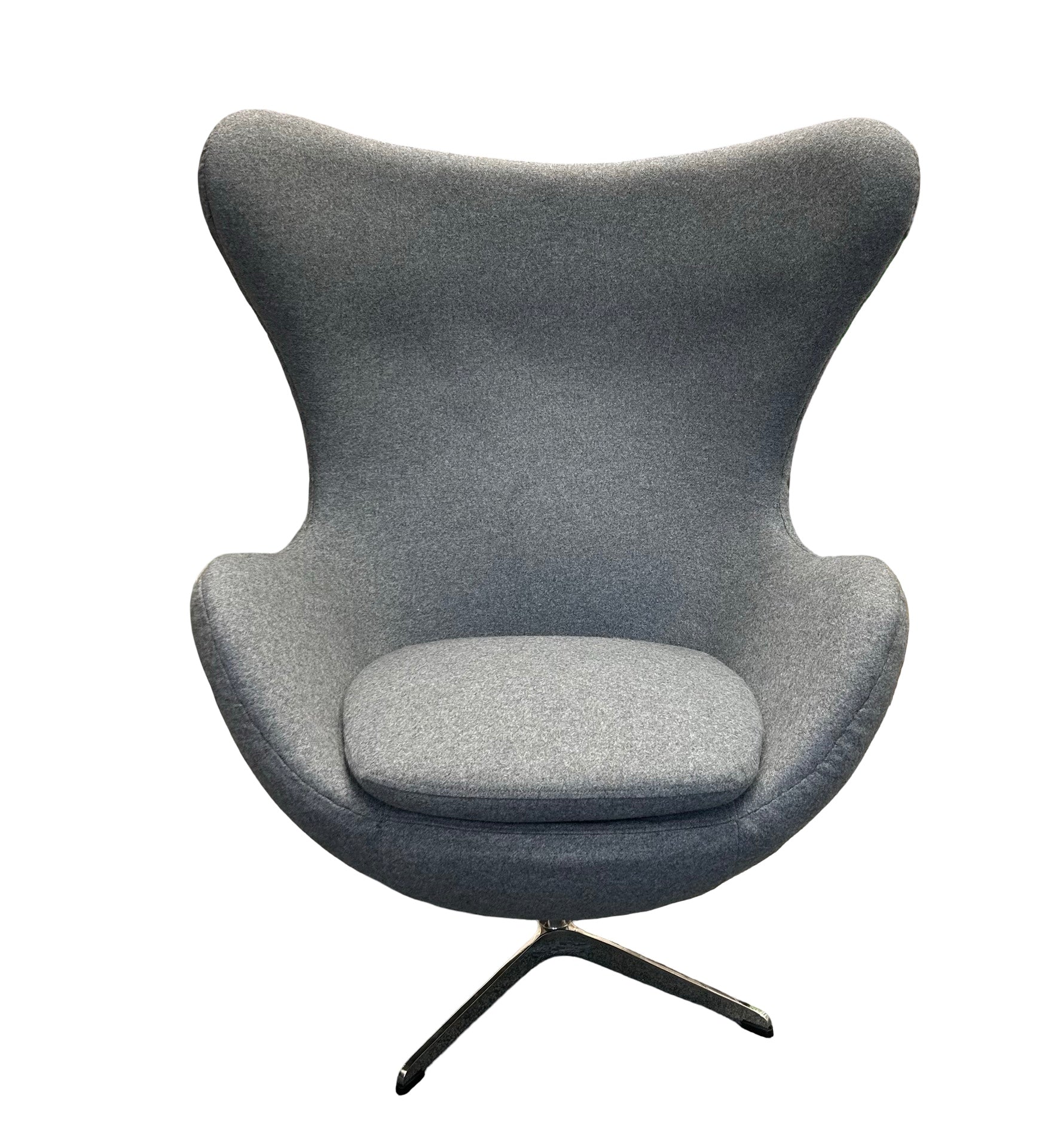 Grey egg-shaped chair with a swivel base on a white background