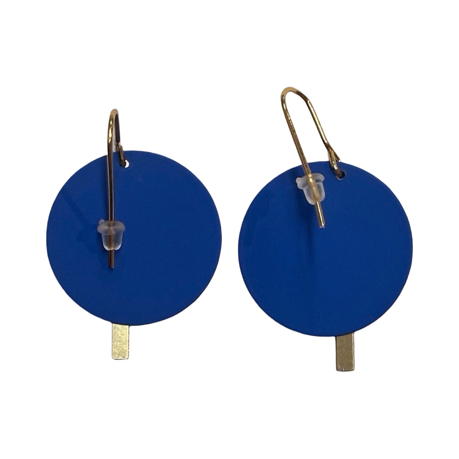 Pair of blue circular earrings with gold accents on a white background.