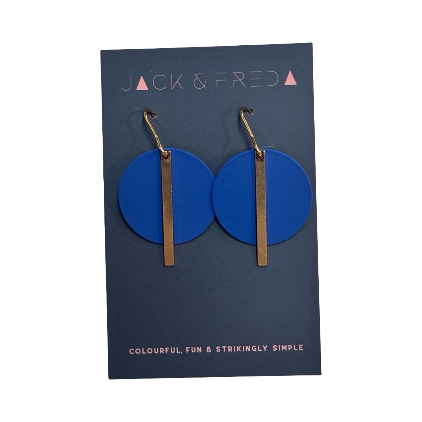 Pair of blue circular earrings with gold accents, on blue backing card.