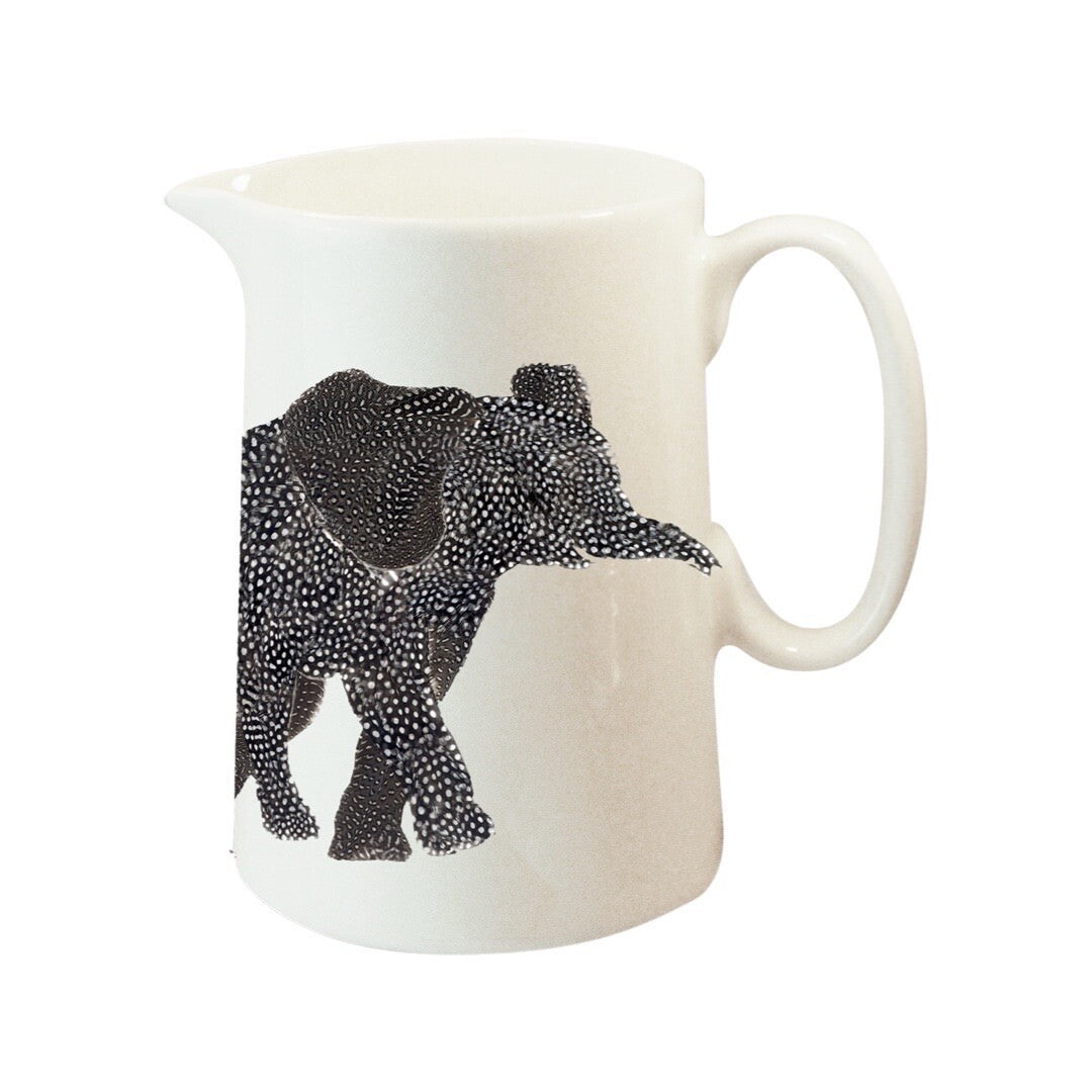 White fine bone china milk jug featuring an illustration of a grey elephant.