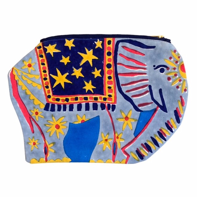 Elephant-shaped colourful fabric zipper pouch.