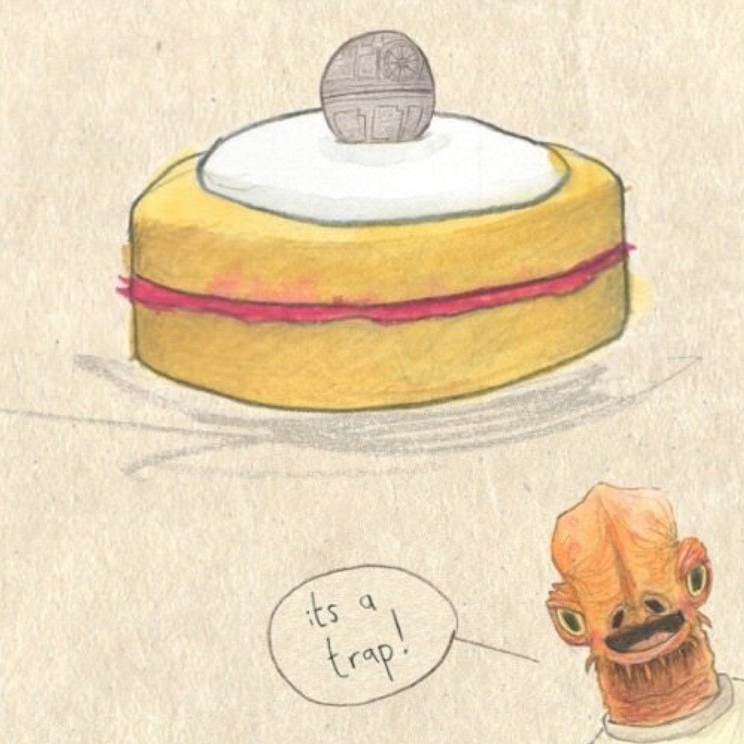 Empire biscuit card featuring an illustration of an empire biscuit, Admiral Akbar and a hidden Deathstar.