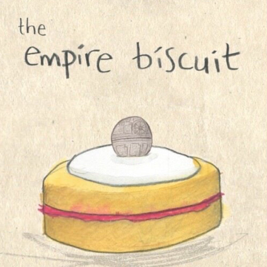 Empire biscuit card featuring an illustration of an empire biscuit, Admiral Akbar and a hidden Deathstar.