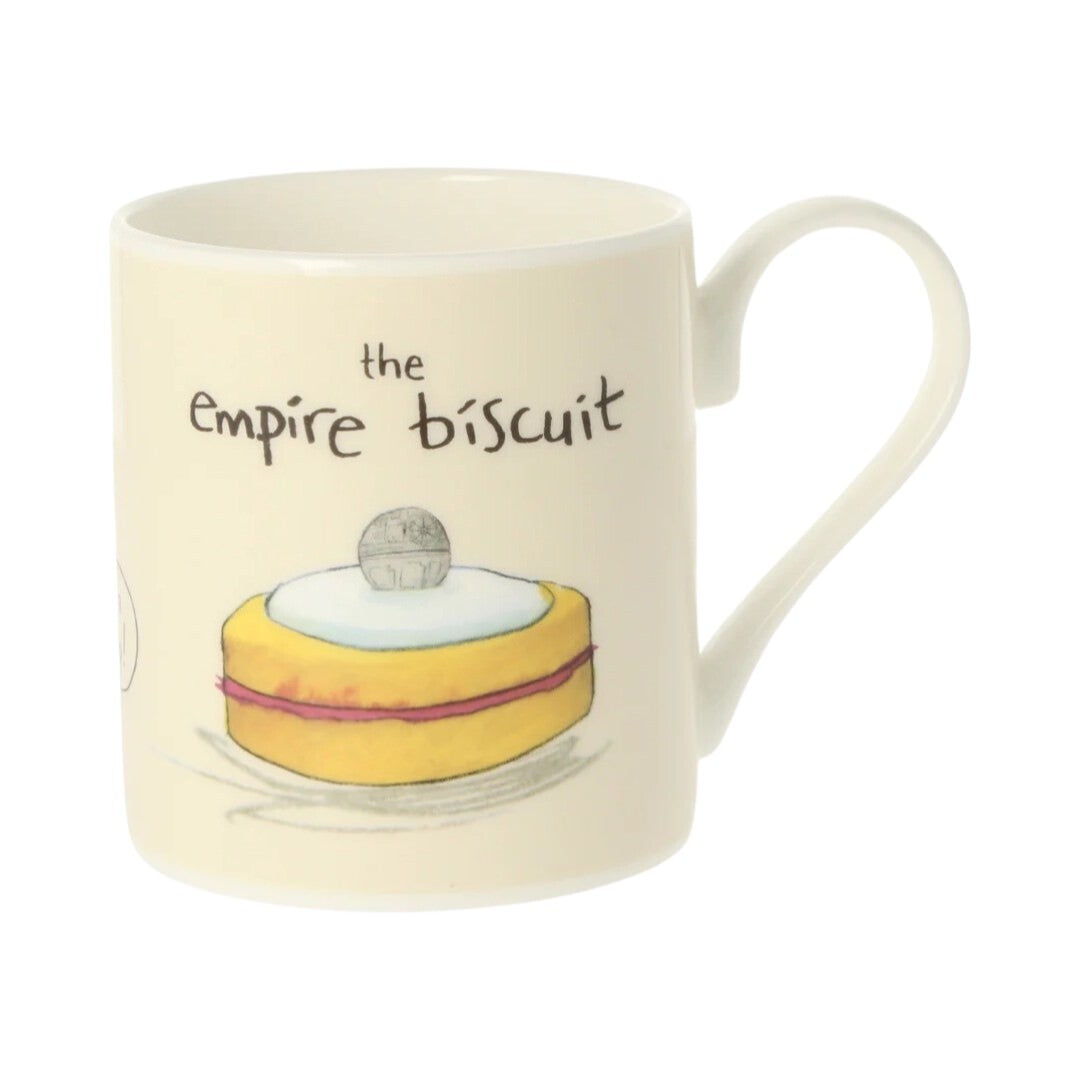 Mug with an illustration of an empire biscuit, and Star Wars character Admiral Akbar and a hidden Deathstar.