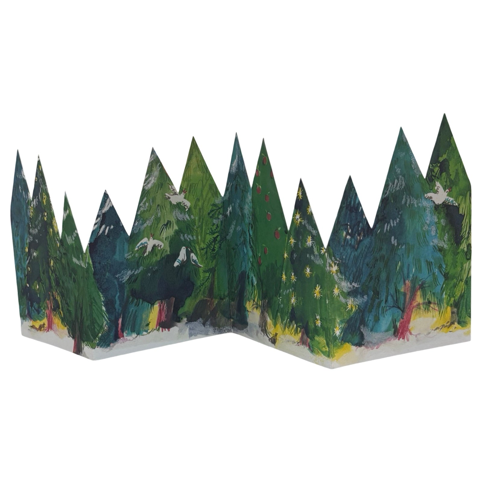 A concertina card open showing a forest with trees in shades of green and snow on the ground.