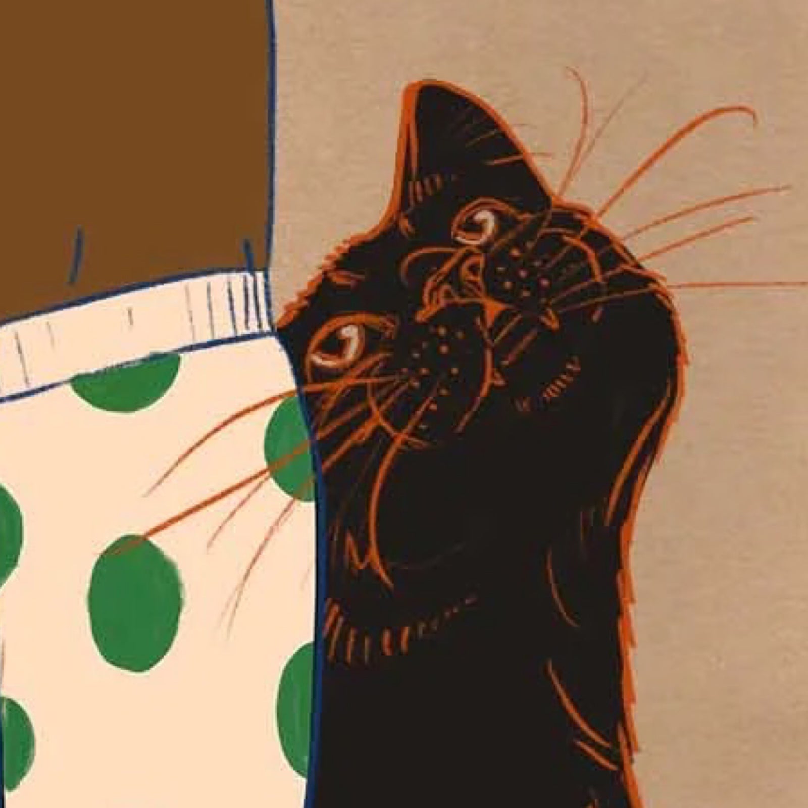Illustration of a black cat with orange outlines on a beige background.