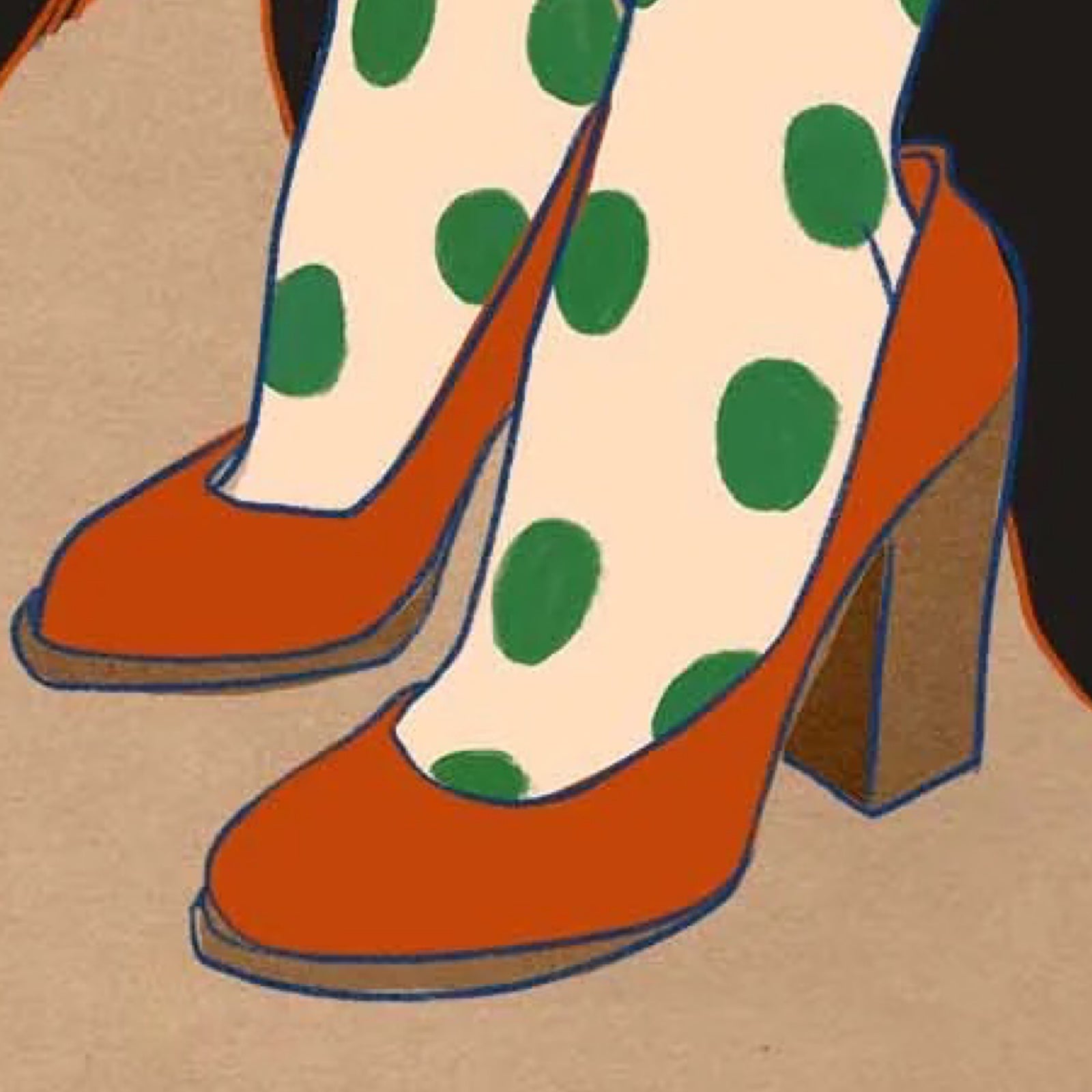Orange high-heeled shoes with green polka dot socks on a beige background.