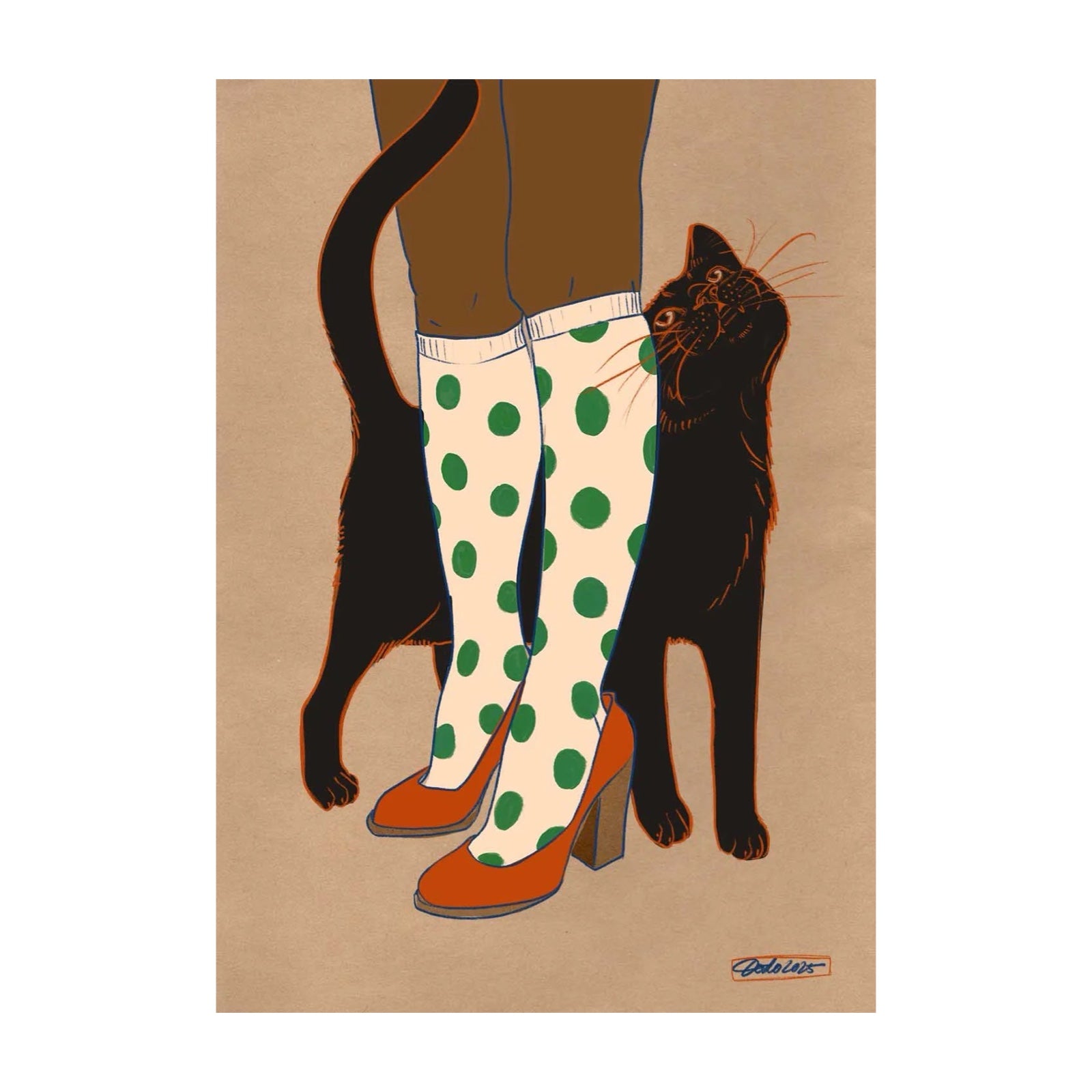 Illustration of a person wearing polka dot socks and orange shoes with a black cat.