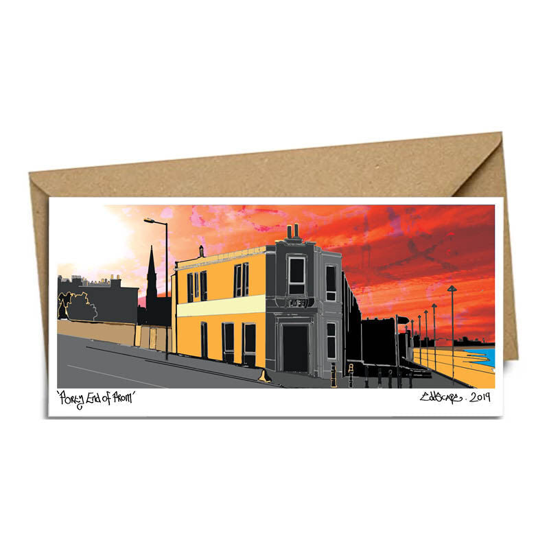 Panoramic card featuring an illustration of the end of Portobello prom in Edinburgh
